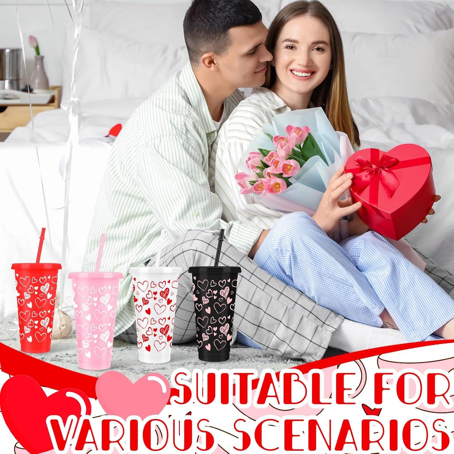 Denylo pro 24 Sets Galentines Day Coffee Cups Valentines Plastic Cups with Straw Heart Reusable Cups 27 OZ Drinking Tea Valentines Coffee Cups for Valentines Day Gifts Galentine's Day Party Supplies - Image 7