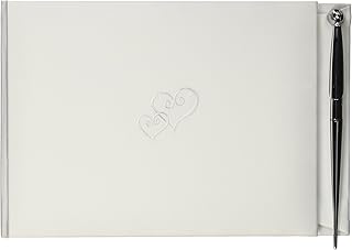 Darice VL105GB Embroidered Double Heart Wedding Guest Registration Book with Pen, White