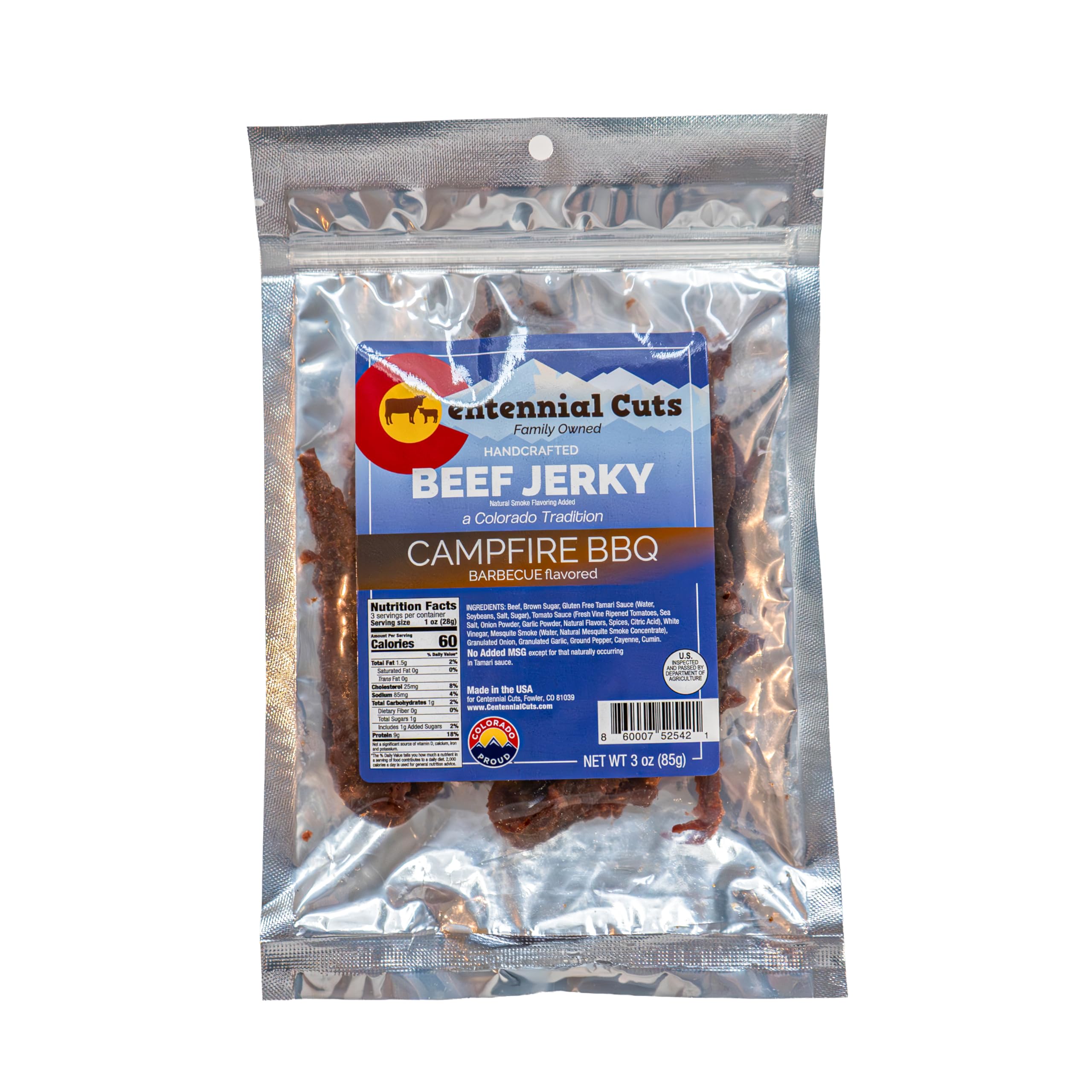 Centennial Cuts Beef Jerky – Campfire BBQ – High Protein, Classic Sweet & Smoky Flavor – 3 oz Snack