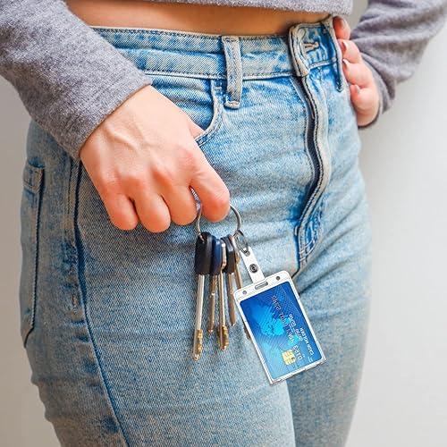 Miniatura 2 de Portatarjetas de identificación con llavero, paquete de 2 soportes de tarjetas de alta resistencia, llavero de plástico duro, protector para