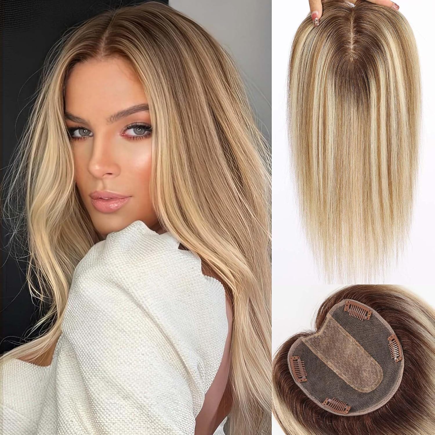 starluck 5×5 inch Lage Silk Base 14 Inch Real Human Hair Toppers,60 Gram, 100% Real Human Hair Toppers for Women with thinning hair hair loss（Blonde Mixed Brown with Dark Brown Roots, no Bangs