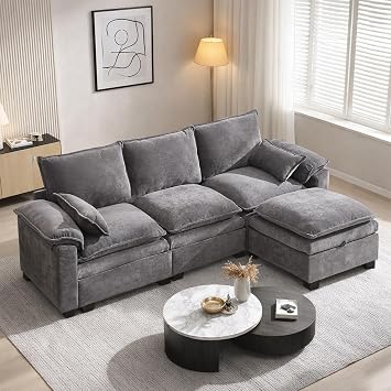 108" Modular Sectional Sofa with Storage Ottoman, Sectional Couches for Living Room, Chenille U Shaped Cloud Couch with Pillow, Deep Seater Sofa for Apartment, Light Gray, 3 Seater with Ottoman
