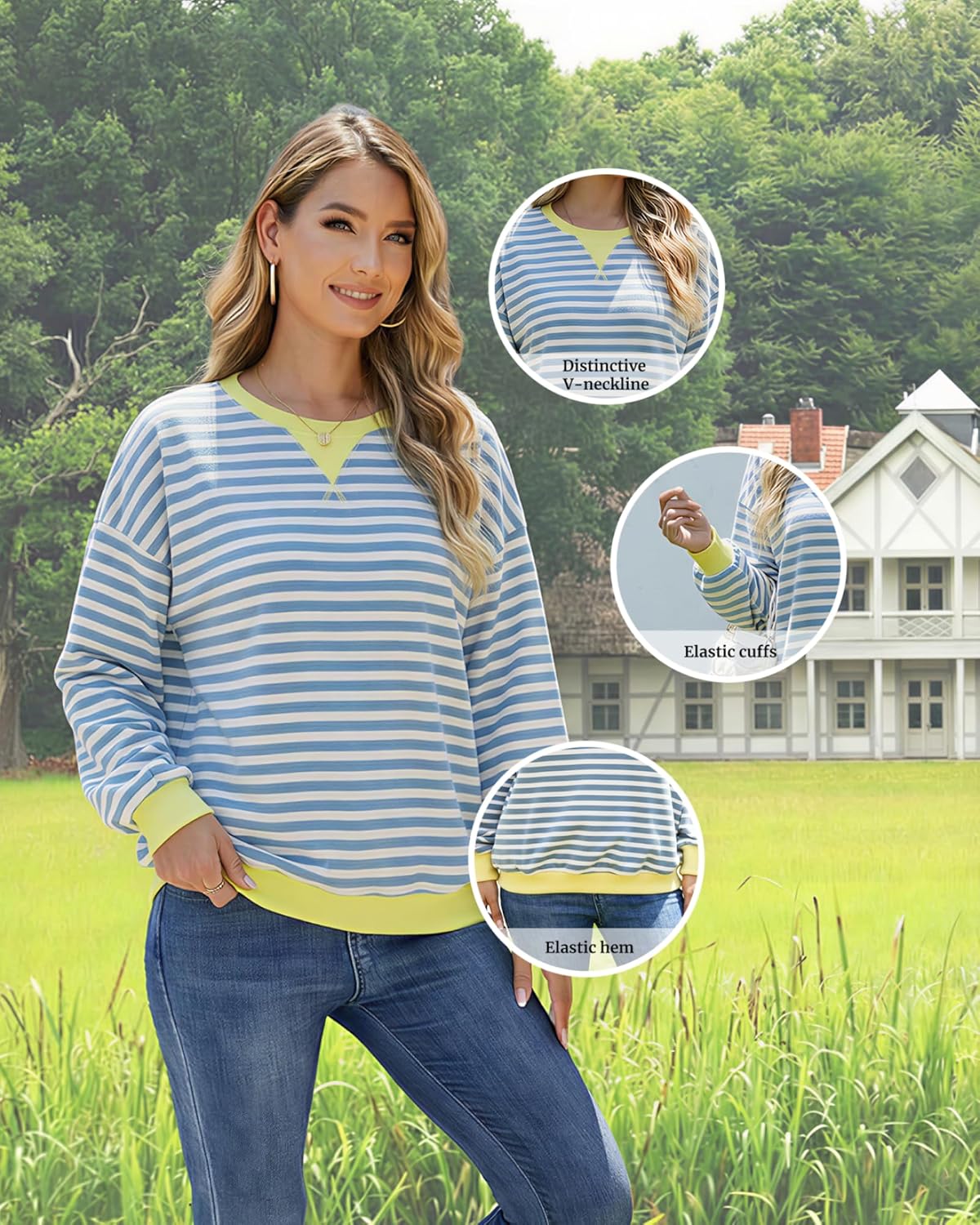Women's Striped Oversized Sweatshirt, Long Sleeve Crewneck Pullover Top, Casual Fall Clothes - Image 5