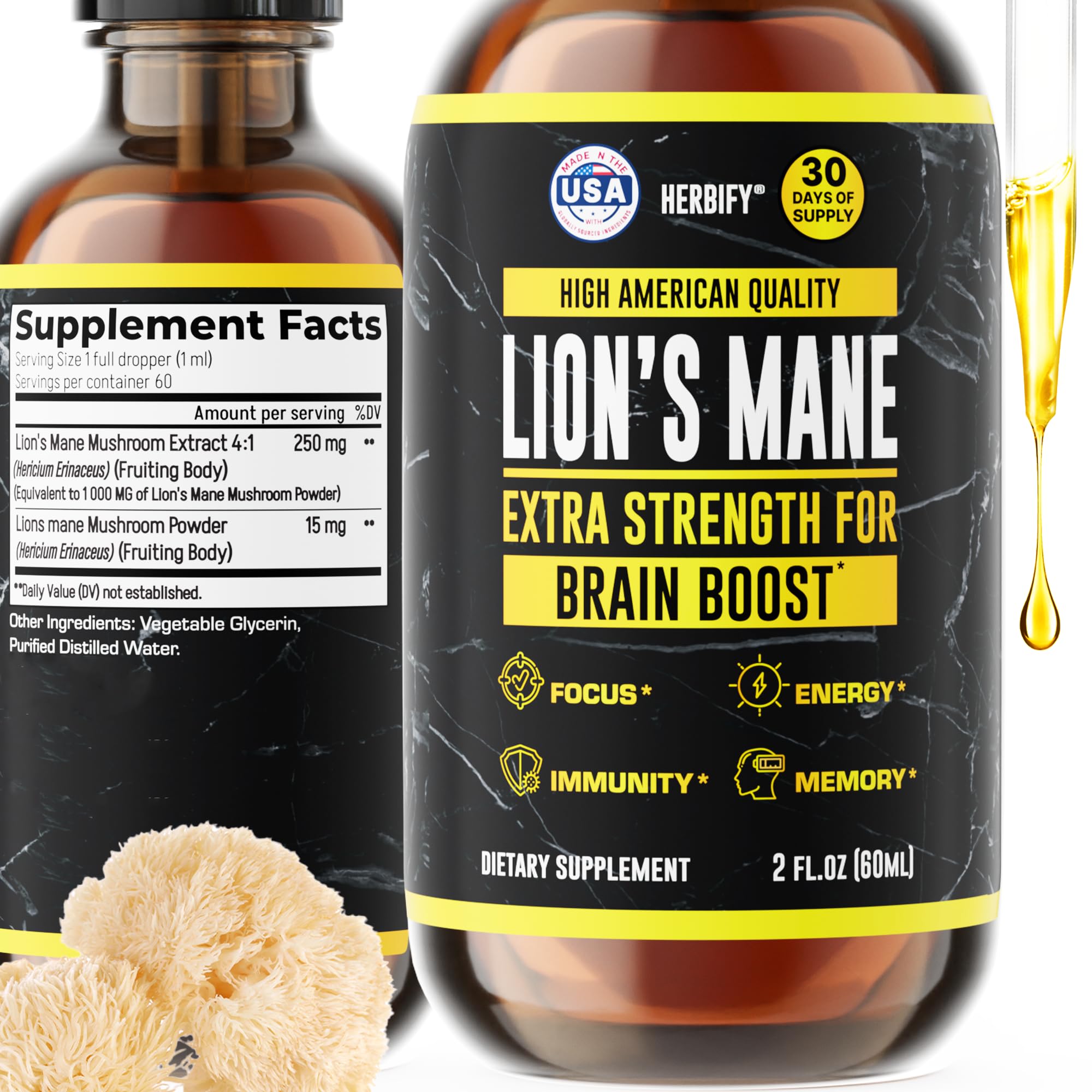 HERBIFY Lions Mane Supplement - Daily Mushroom Supplement for Memory, Focus & Clarity - Brain Booster - Lions Mane Tincture for Immune Support - 2 Fl oz