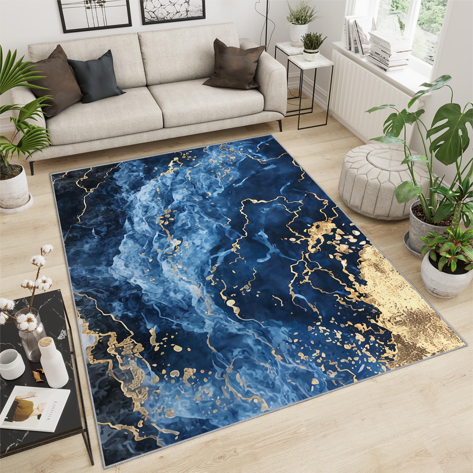 QDJKBL Area Rugs 180 X 240 Cm Luxurious Navy Blue Marble, Abstract Curved Crack Lines Bedroom Rug, Washable Rug Fine Fluff for Kitchen Living Room