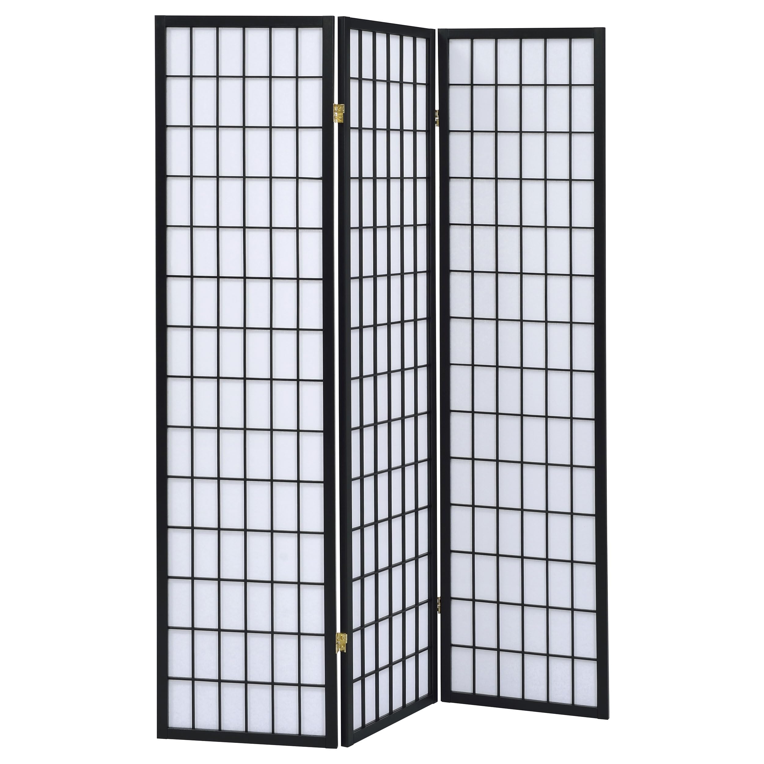 Coaster Home Furnishings - Carrie - Solid Wood - 3-Panel Folding Shoji Screen Room Divider with Black Frame, Linear Grid Design and Metal Hinges - Living Room - Black and White - 4622