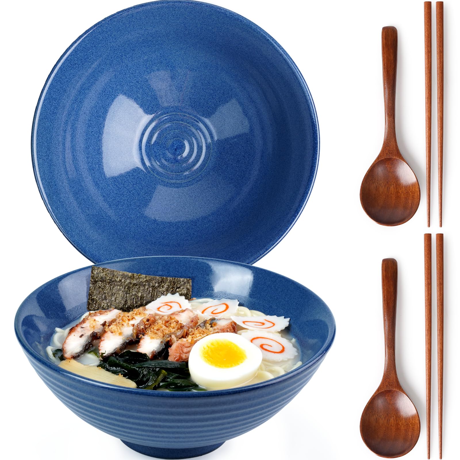 NUTRIUPS Lot de 2 bols à ramen en céramique de 20,3 cm avec cuillères et baguettes (bleu saphir)