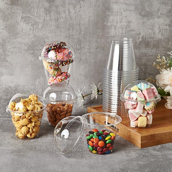Lilymicky 200 PACK 9 oz Clear Plastic Cups With Dome Lids for Dessert | sturdy, clear, the lids fit snugly, no worrying about spills or leaks, versatility for salad, dessert, yogurt parfaits, jello