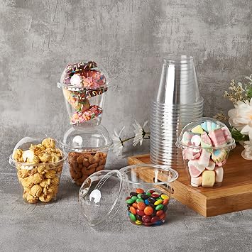 Lilymicky 200 PACK 9 oz Clear Plastic Cups With Dome Lids for Dessert | sturdy, clear, the lids fit snugly, no worrying about spills or leaks, versatility for salad, dessert, yogurt parfaits, jello
