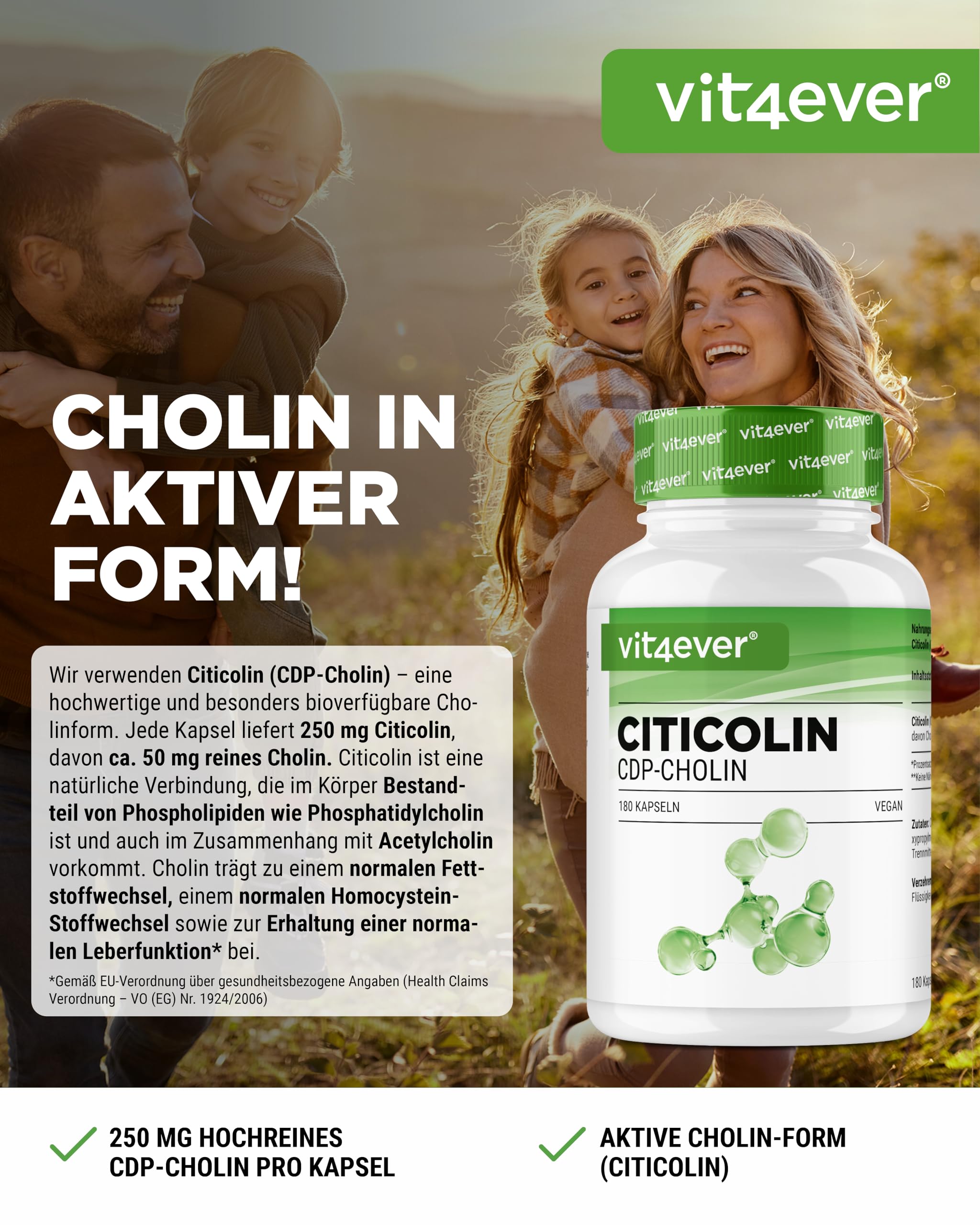 vit4ever CDP Cholin (Citicolin) 250 mg - 180 Kapseln - hochdosiert & bioaktive Cholinform - vegan, ohne unnötige Zusätze