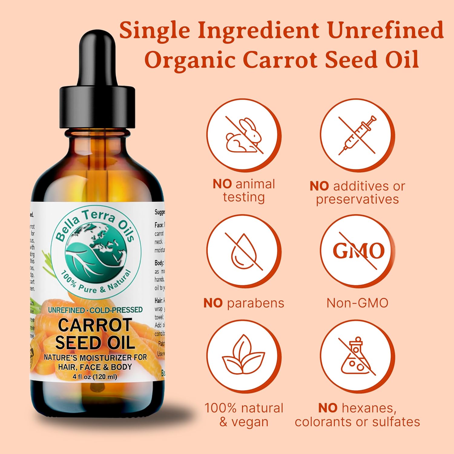 Bella Terra Oils - Organic Carrot Seed Oil 8 oz - Not Just for Tanning, Packed with Antioxidants, Cold-Pressed for Ultimate Skin Embrace & Natural Shine