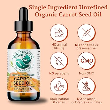 Bella Terra Oils - Organic Carrot Seed Oil 2 oz - Cold-Pressed Elixir, Abundant in Vitamin A & E, Beta-Carotene Richness, Ideal for Nourished Skin Radiance