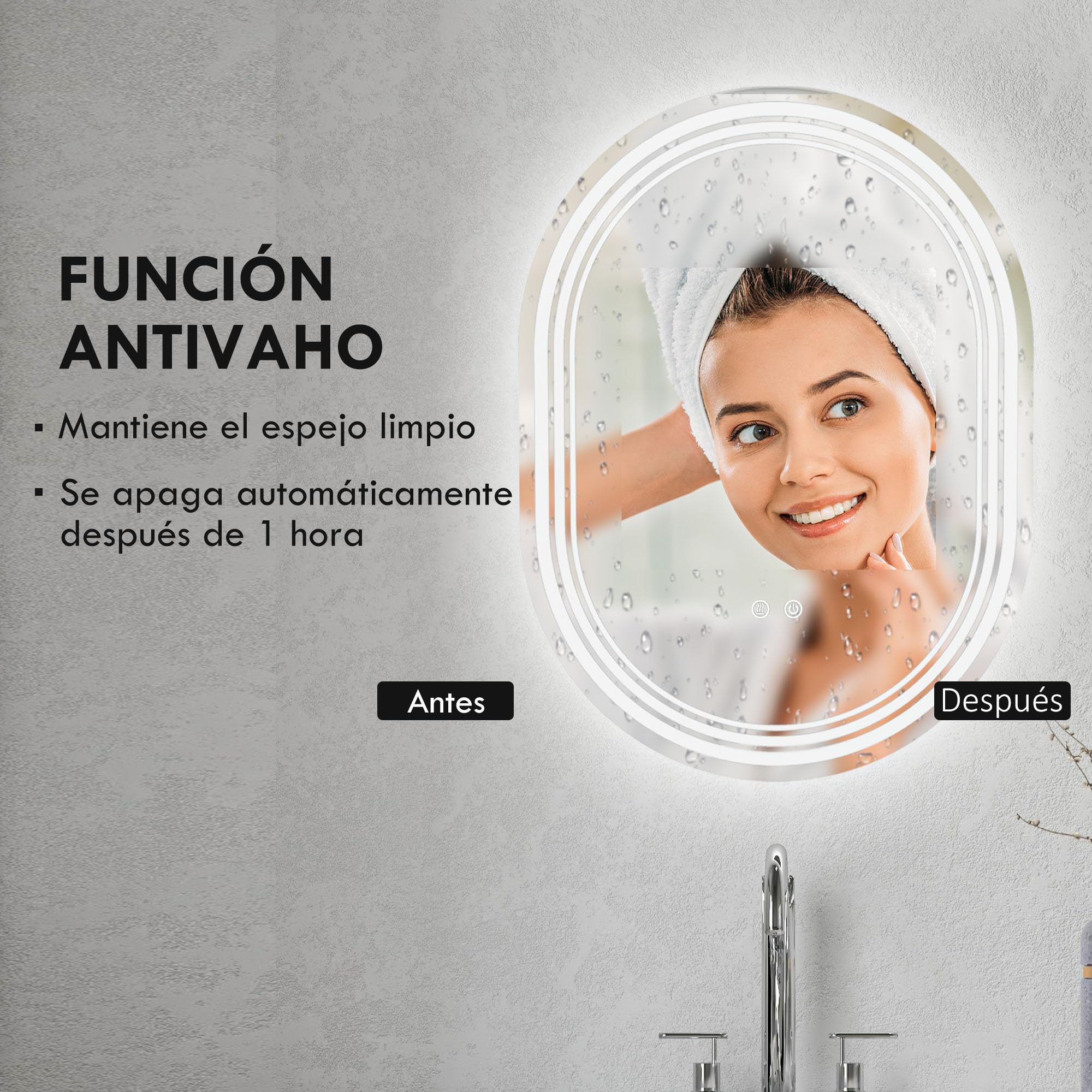 kleankin Espejo Baño con Luz 70x50 cm Antivaho IP44 Horizontal/Vertical