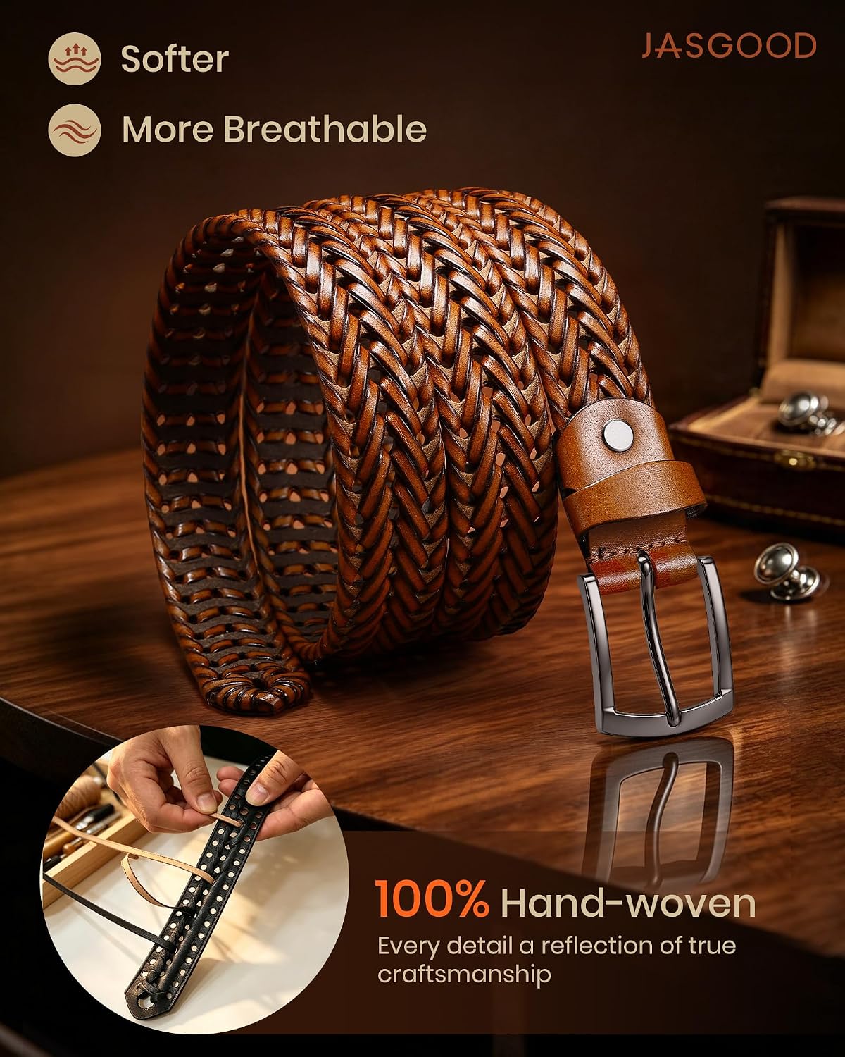JASGOOD Men's Braided Belt, Adjustable Woven Leather Belt for Casual Jeans image 5