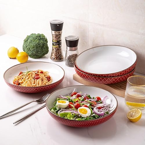Miniatura 7 de Tazones grandes para pasta de 9.5 pulgadas, cuencos de cerámica de 42 onzas para cocina, cuencos de cerámica con patrón texturizado para pasta,