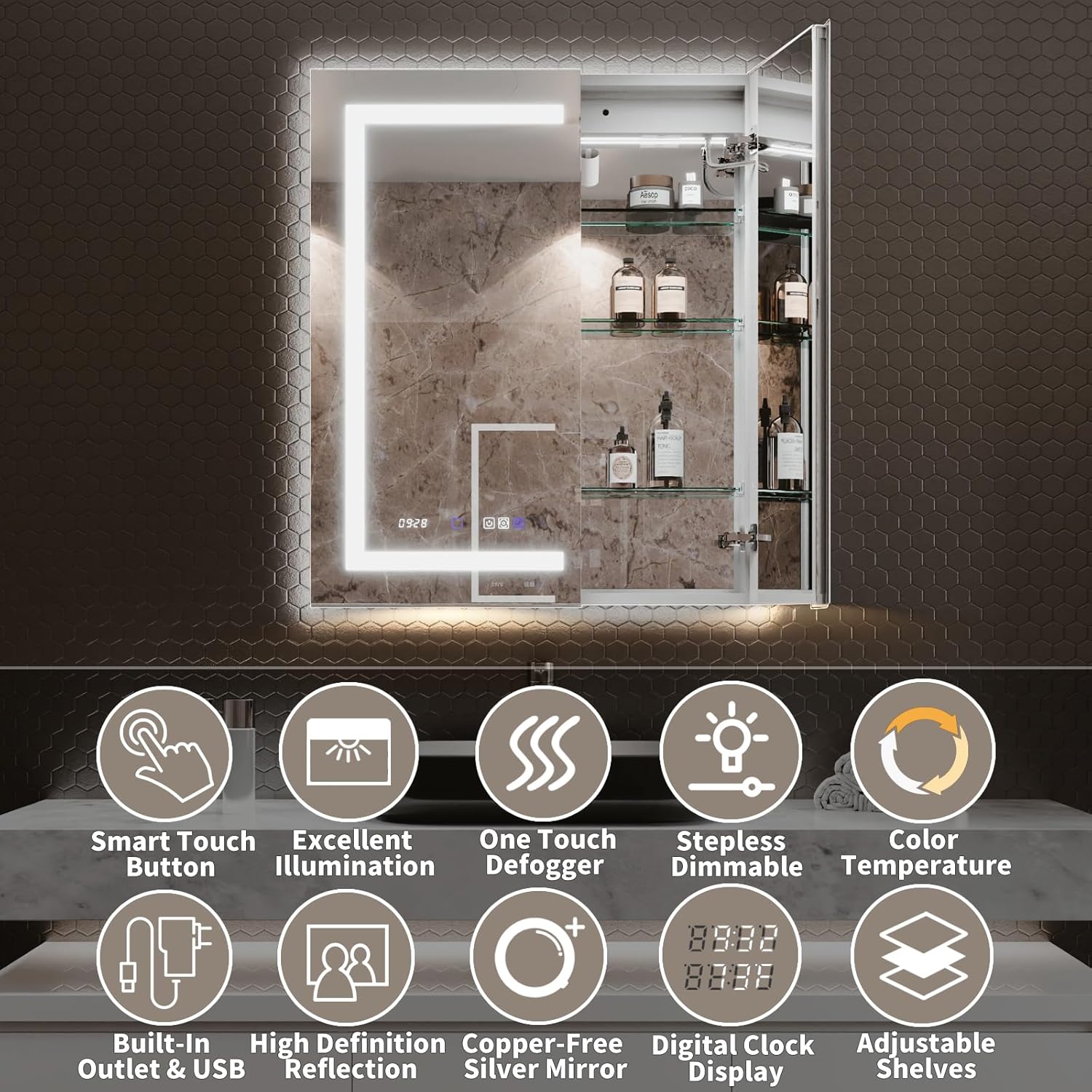 30x36in Medicine Cabinet Mirror with Lights - Recessed or Surface LED Cabinet with Clock, Bathroom Storage, Defogger, Stepless Dimming, Charging Station, Double Door