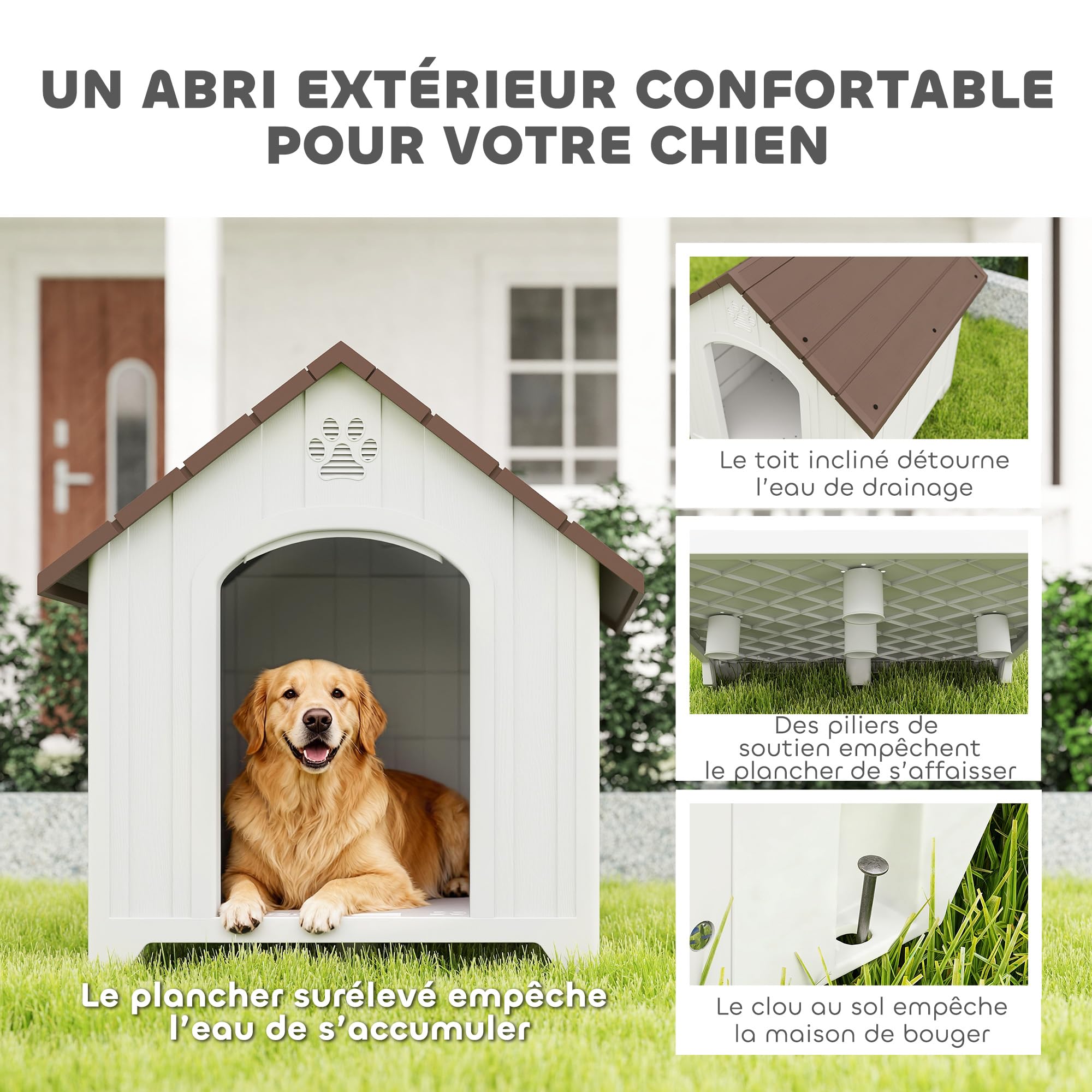 PawHut Niche pour Chien Extérieur Imperméable Plancher Surélevé Gris Clair