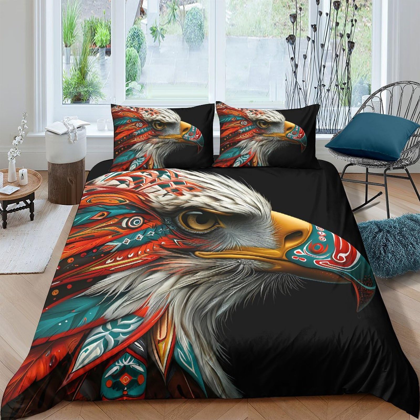 Ctjqhvkz Style-6 3D Printed Eagle Head Fitted Sheet Microfiber Soft Decorative Native Feather Bed Cover For Bedroom Dorm Mattress Protection Single（135X200cm）