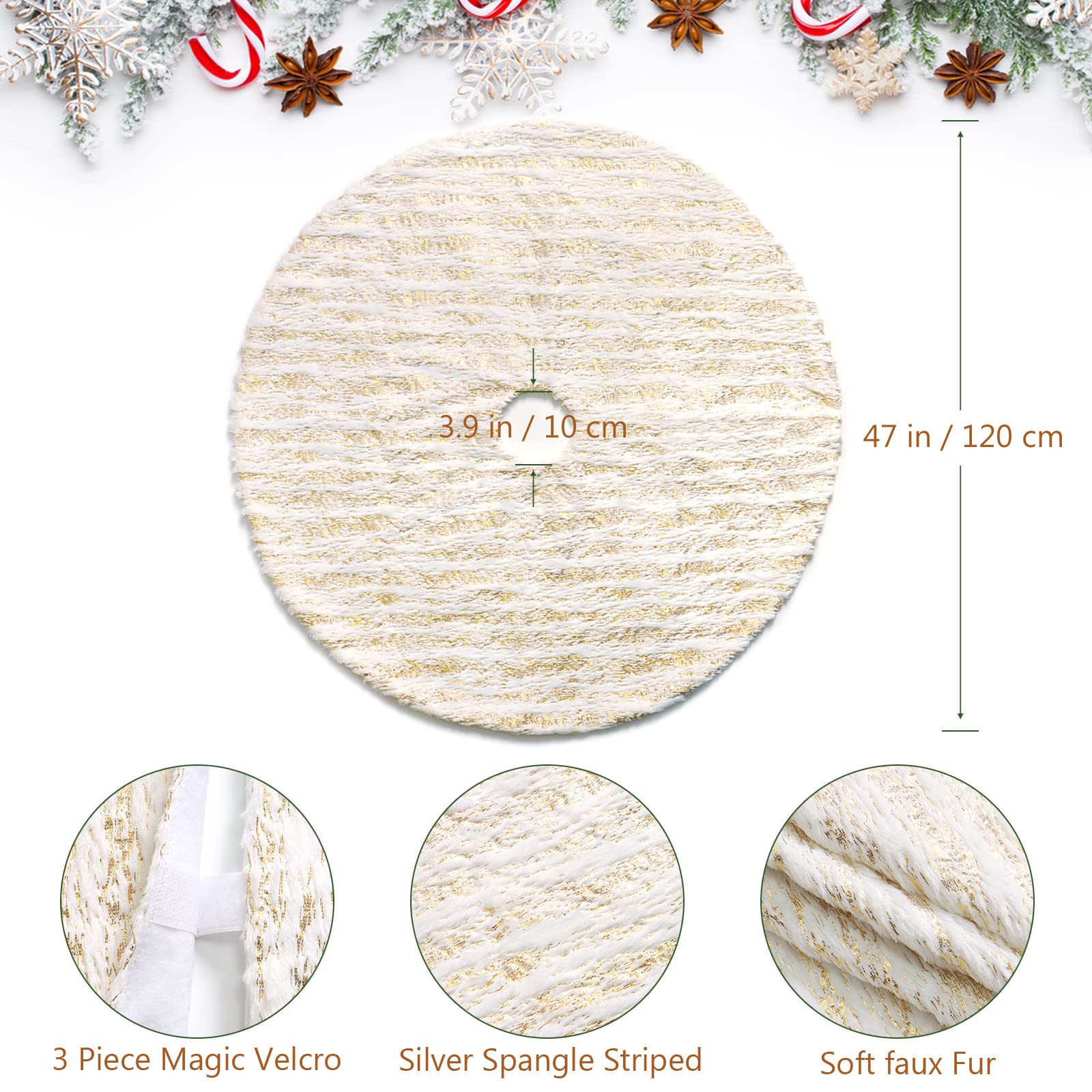 Dremisland Jupe de sapin de Noël blanche et dorée en fausse fourrure avec rayures à paillettes - Jupe de sapin en peluche douce pour décoration de sapin de Noël, fête d'hiver, vacances (doré, 122 cm)