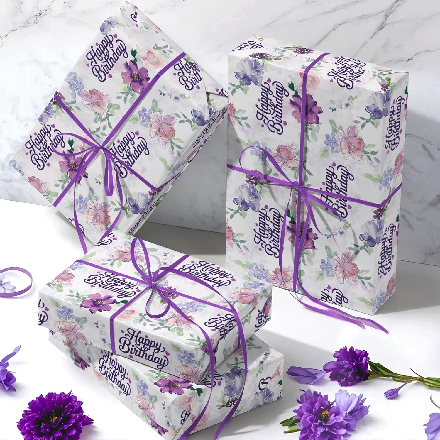 WRAPAHOLIC Birthday Wrapping Paper Roll - Mini Roll - 17 Inch x 16.5 Feet - Happy Birthday with Purple Flower Wrapping Paper for Girls Women, Baby Shower, Wedding - Image 9