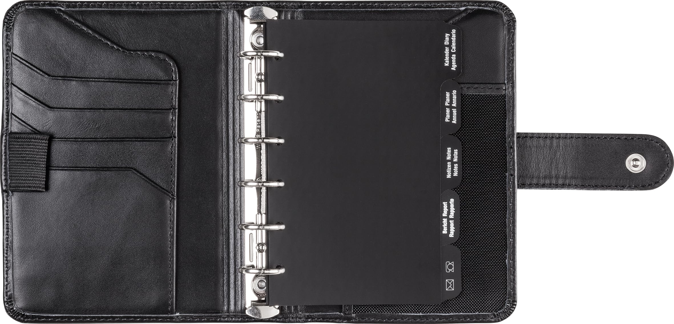 rido/idé 706708490 Zeitplansysteme/Ringbuchkalender/Timer Timing (7,6 x 12,7 cm, Nappaleder-Ringbuch, mit Lasche, 6-Ring-Kipphebelmechanik, ohne Kalendarium) schwarz