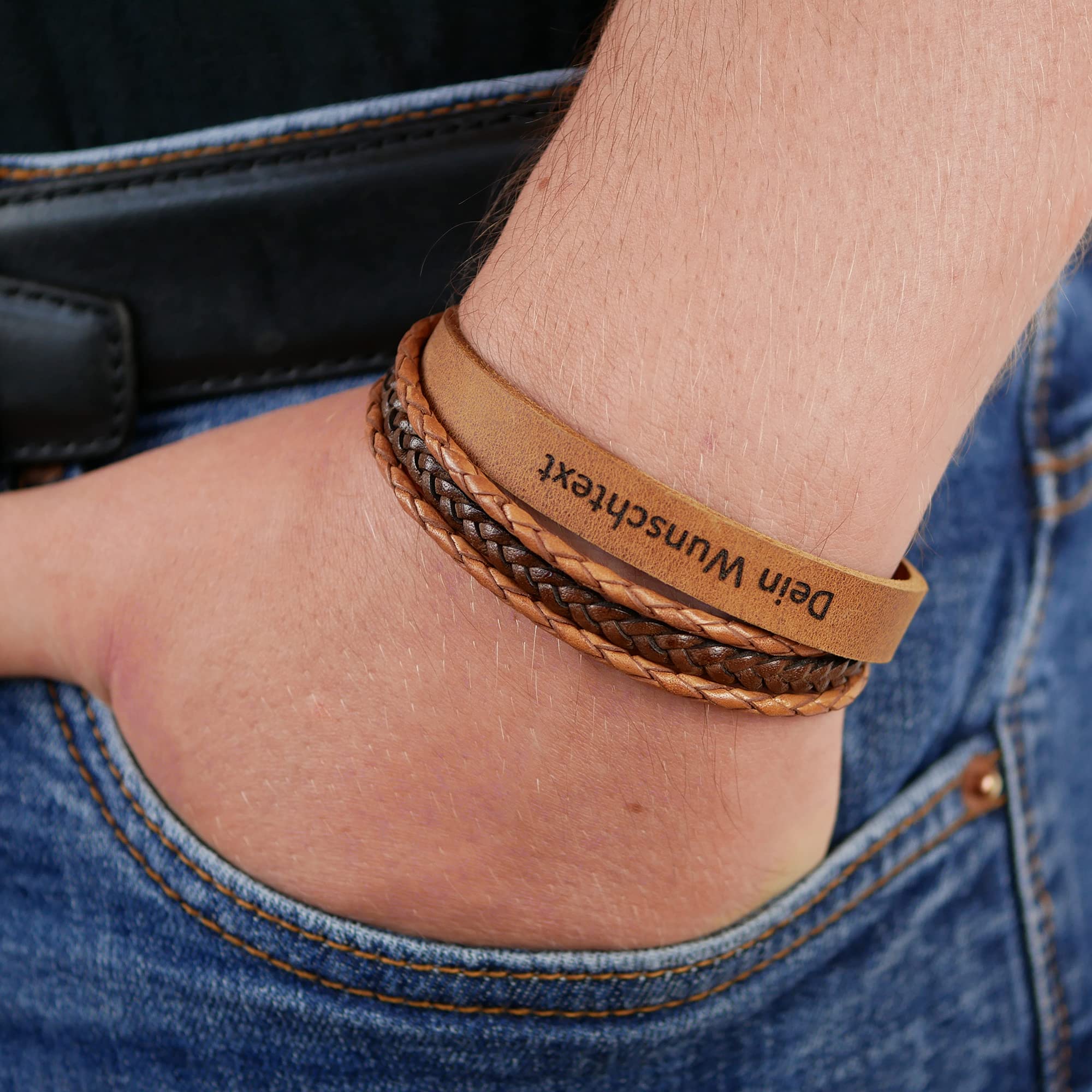 Armband mit Namen, Lederarmband Herren mit Gravur, personalisiertes Geschenk für Männer und Frauen, Echtleder cognac, Magnetverschluss Edelstahl, Freundschaftsarmband, Partnerarmband