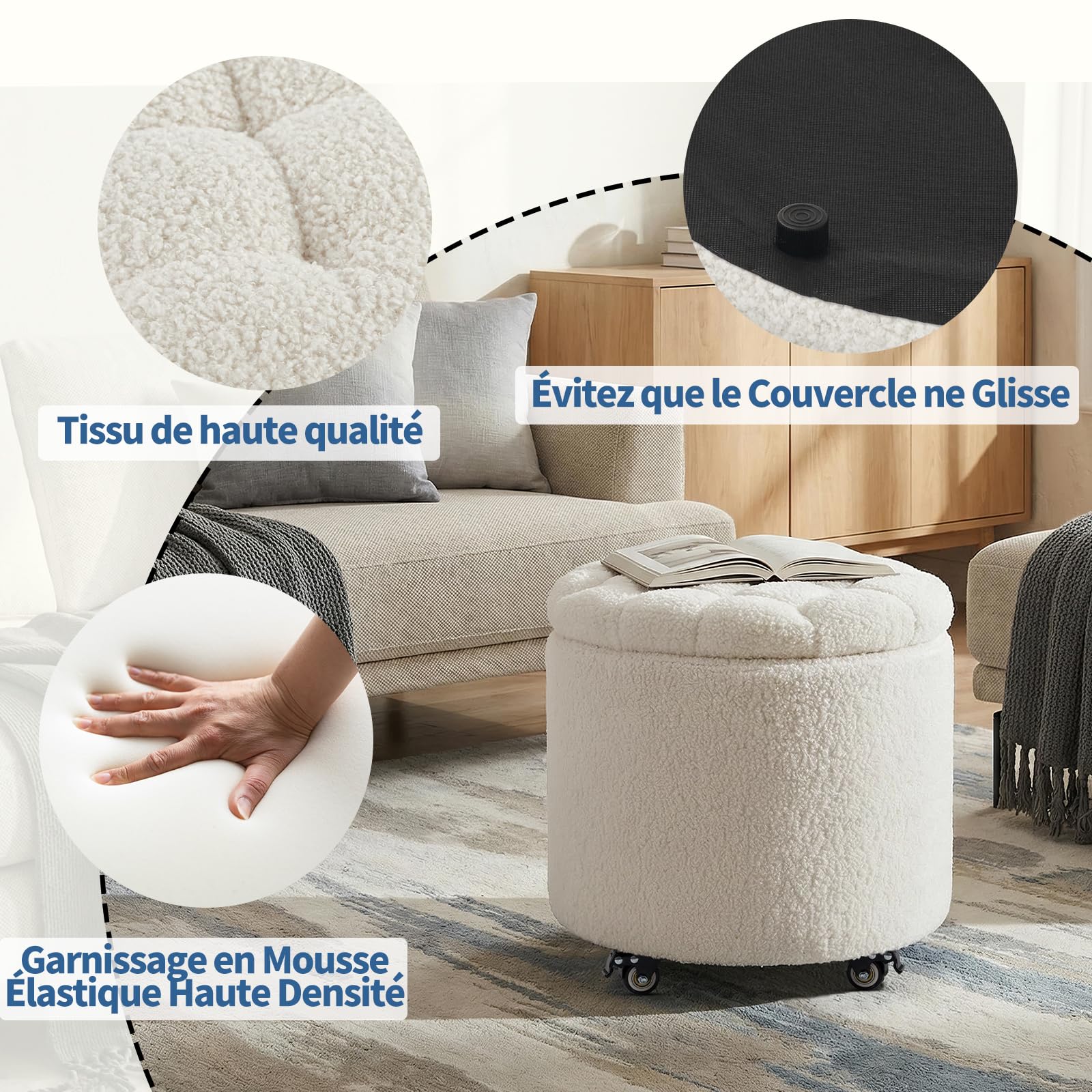 Pouf Rangement avec roulettes, 48cm Tabouret Rond avec Rangement, Tabouret Coiffeuse avec Assise Rembourrée et Couvercle Amovible pour Salon, Chambre ou Salle à Manger, Sherpa, Blanc