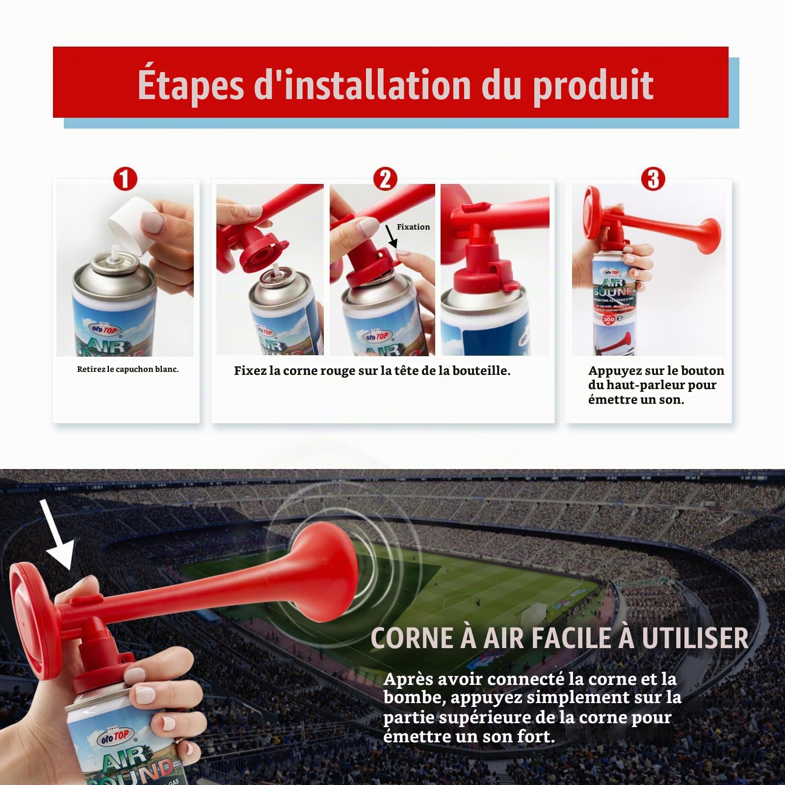 Klaxon à air comprimé, klaxon Portable à gaz, Trompette de Stade à gaz, Signal Horn, trompettes de Football 300 ML (3 unités)