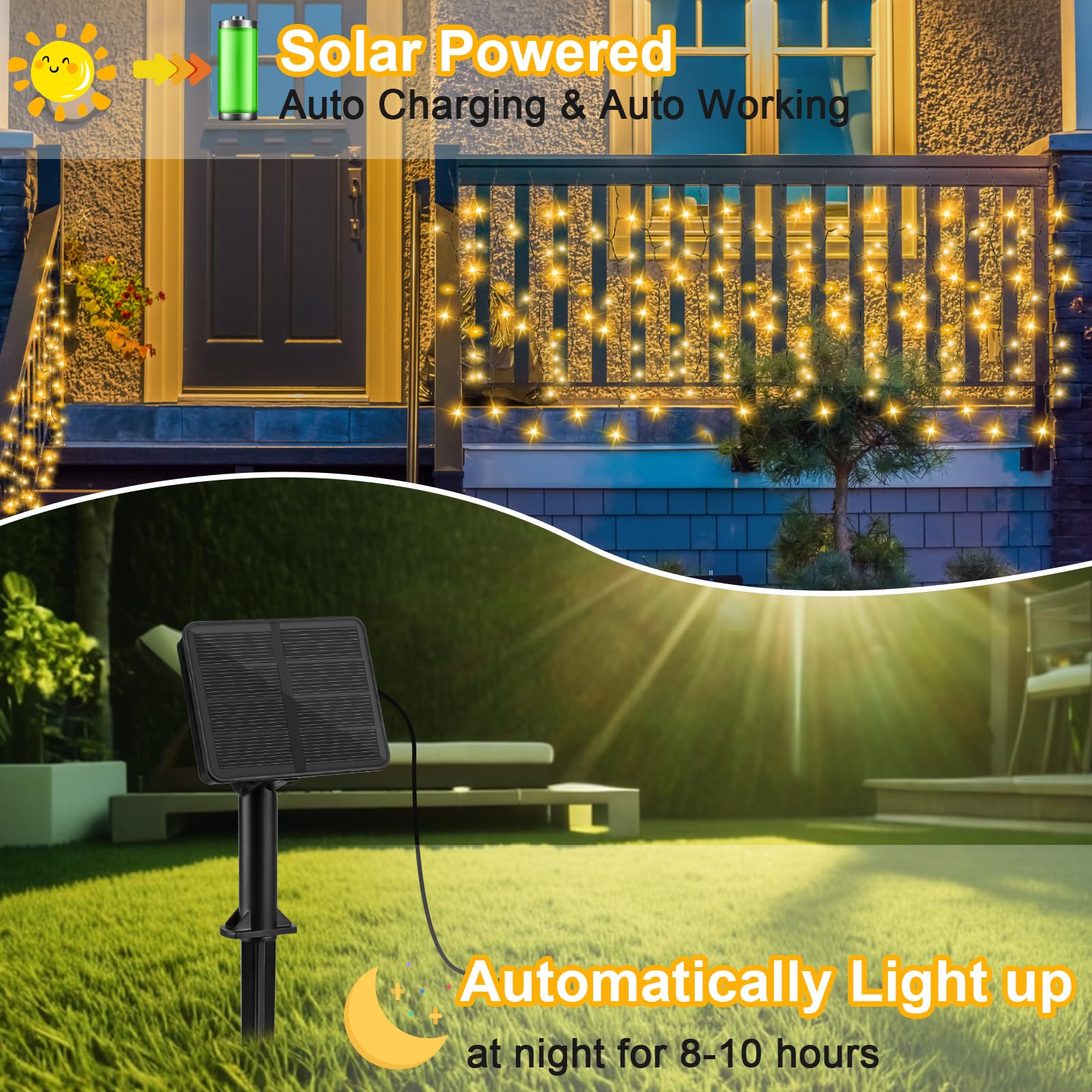 Gcstnn Solar Fence Curtain Lights Outdoor, 4Mx1M 200 LEDs Solar Icicle Fairy Lights Green Wire - Image 3