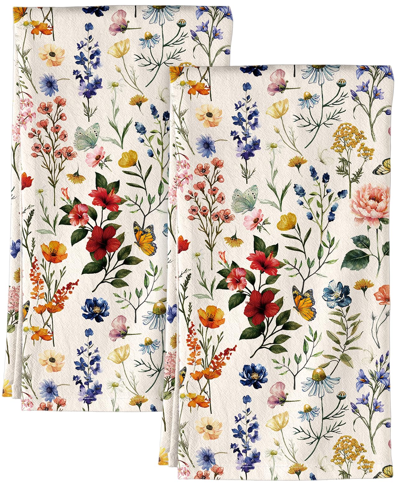 Flour Sack Kitchen Towels - Set of 2 Spring Dish Towels with Hanging Loop 18x26 Inch Absorbent Reusable Cotton Cloths for Cleaning Cute Design Home Decorative Housewarming, Vintage Flower