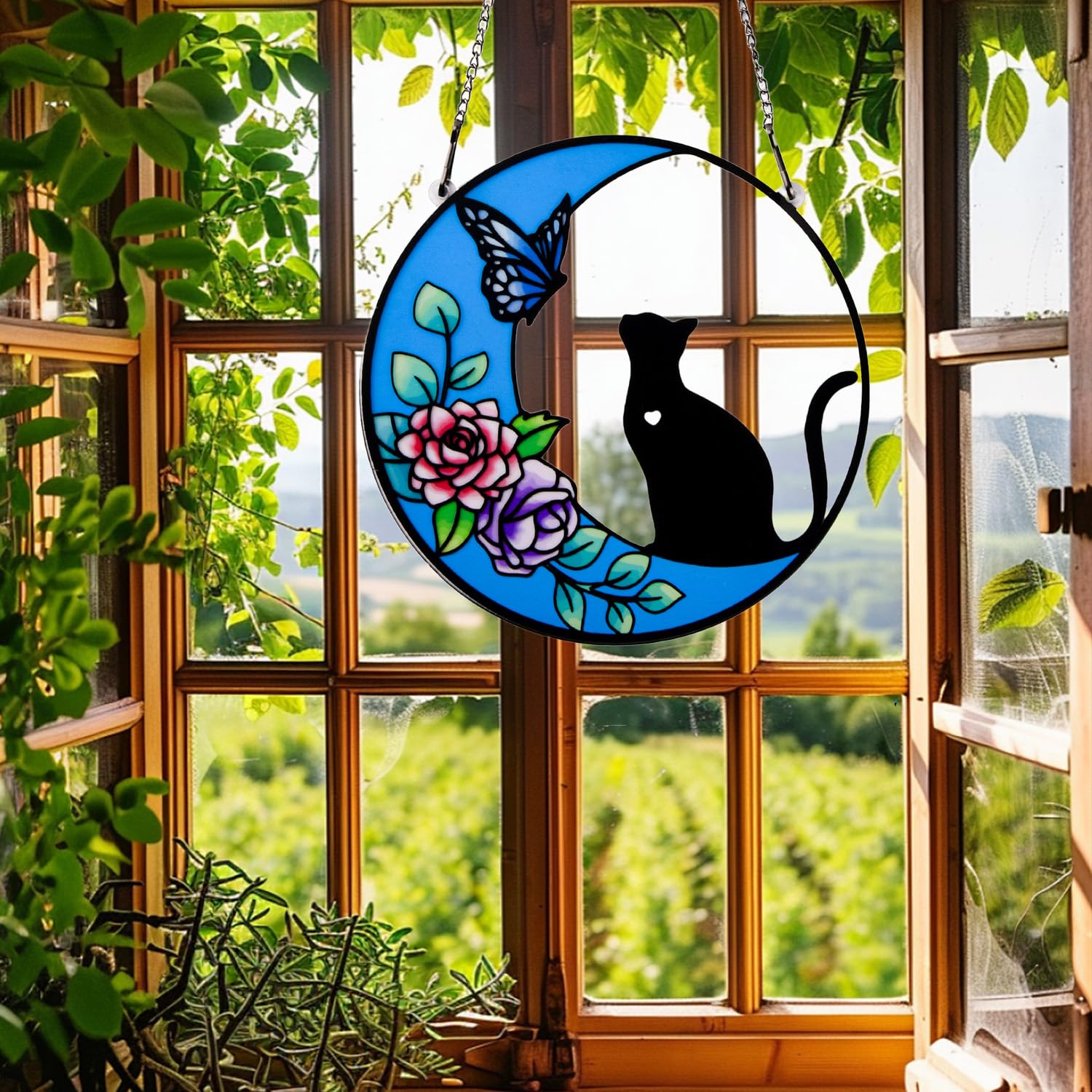 Cat Memorial Suncatcher for Windows Stained Glass, Black Halloween Decor, Butterfly Funny Themed Gift For Cat Lovers โ image 1