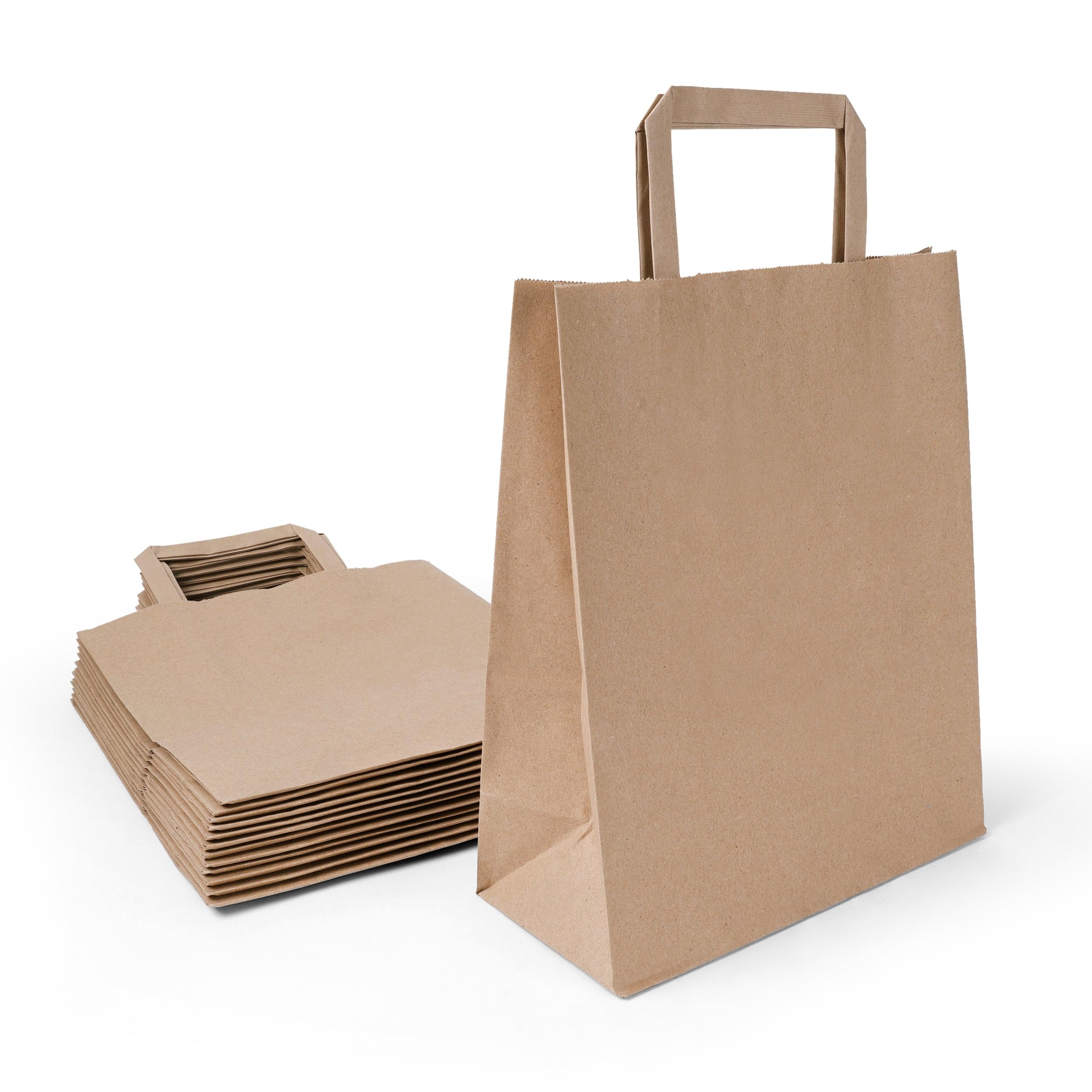 Inoverse Pack of 50 Paper Bags with Handle, Carrierbags, 22 + 10 x 28 inc Giftbags, Brown Kraft Paper Bag, Small Shoppingbags