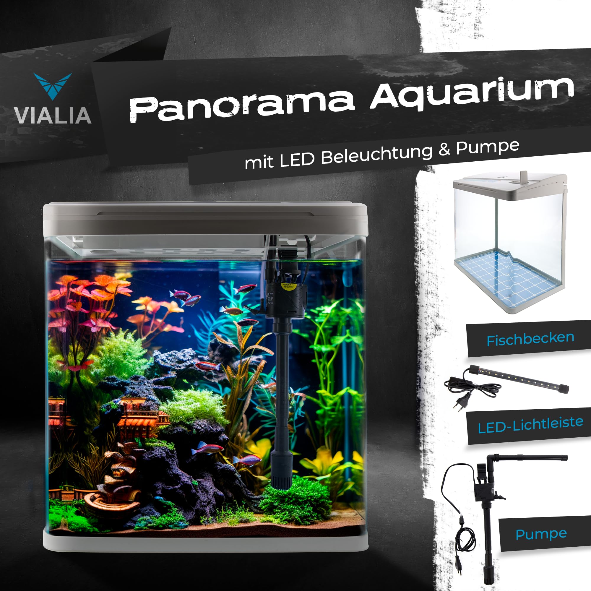 Aquarium Komplettset 18L Weiß mit LED Beleuchtung Pumpe Filter 30x20x32 cm Nano Aquarium Gebogenes Panoramaglas