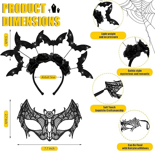 Miniatura 7 de WILLBOND Juego de 2 piezas de disfraz de murciélago de Halloween, diadema de murciélago para mujeres adultas, máscara de ojos de encaje, velo de