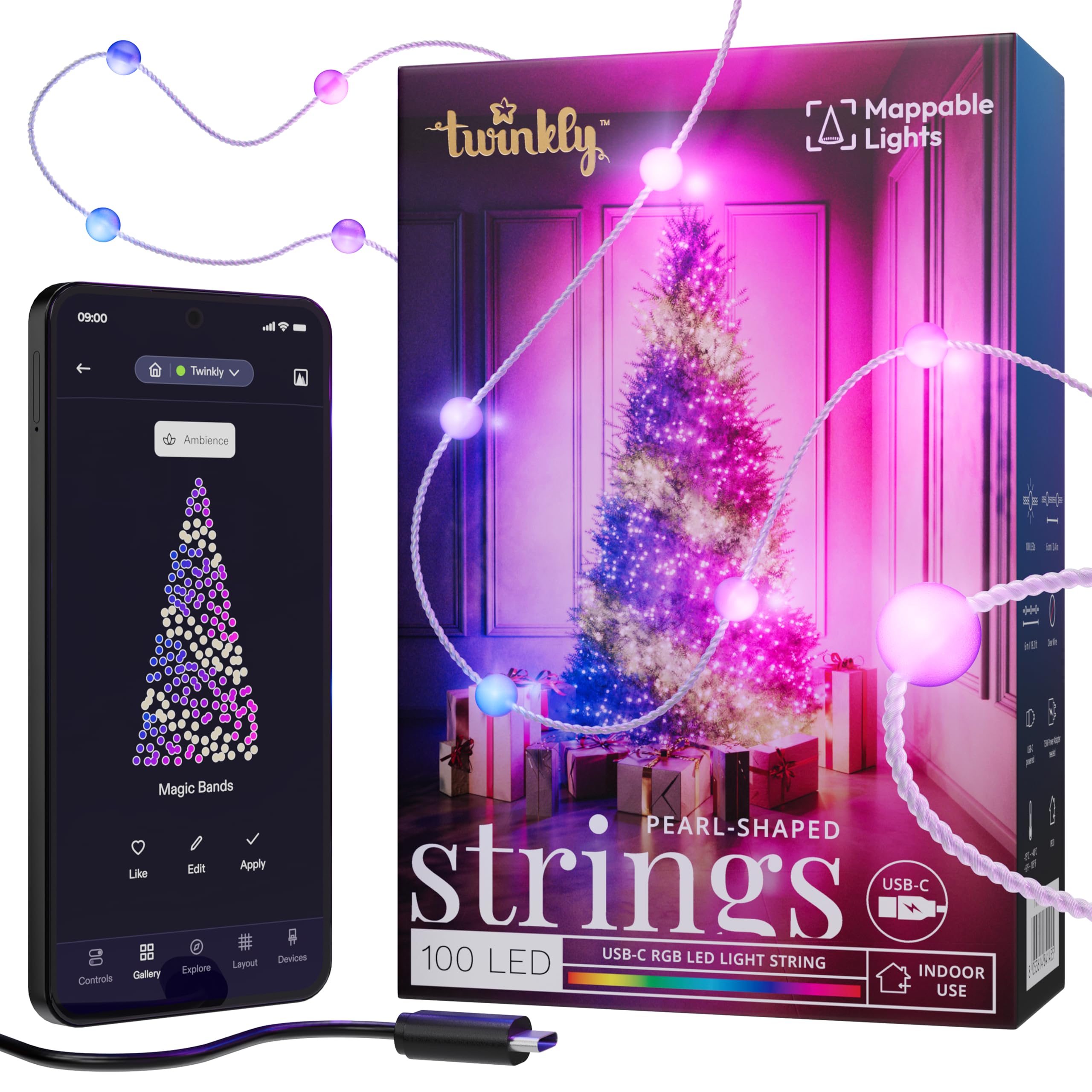 Twinkly Strings USB-C Pearls 100 LED, Pearl-Shaped LED Light String, Christmas Lights, RGB Multicolor LED Lights, Compatible with Alexa, Google Home, USB-C Power, Transparent Wire, 19.7ft