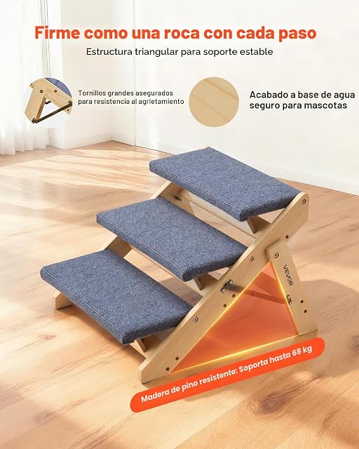 Foto 3 de 8 de VEVOR Escalera de Madera para Mascotas, 3 Peldaños, para Camas, Sofás y Coches, Carga 68 kg, Plano y Plegable