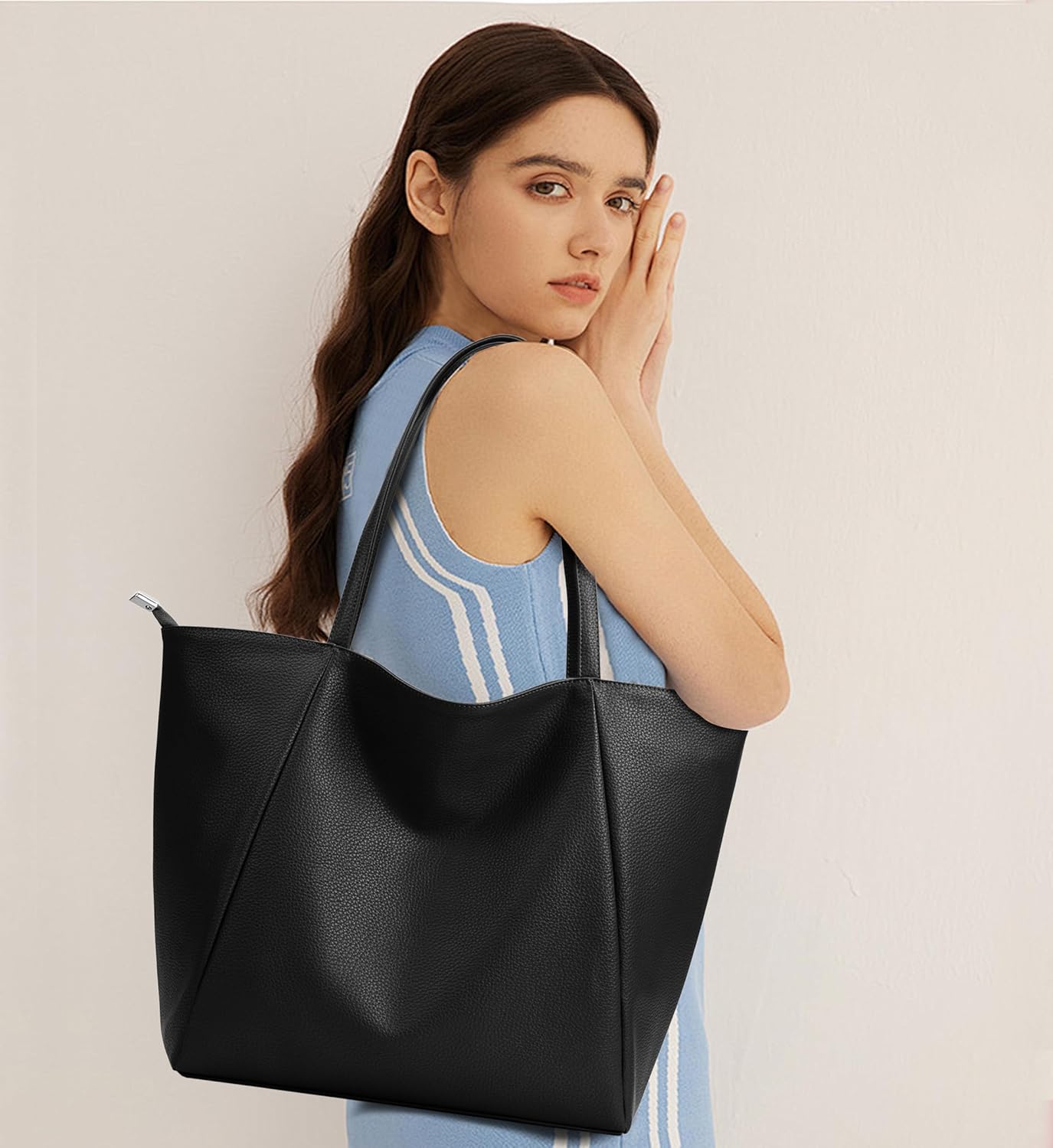 KALIDI Large Tote Bag Vegan Leather Casual Zipper Work Bag Weekender Hobo for Women 23L Oversize Shoulder Travel Purse - Image 2