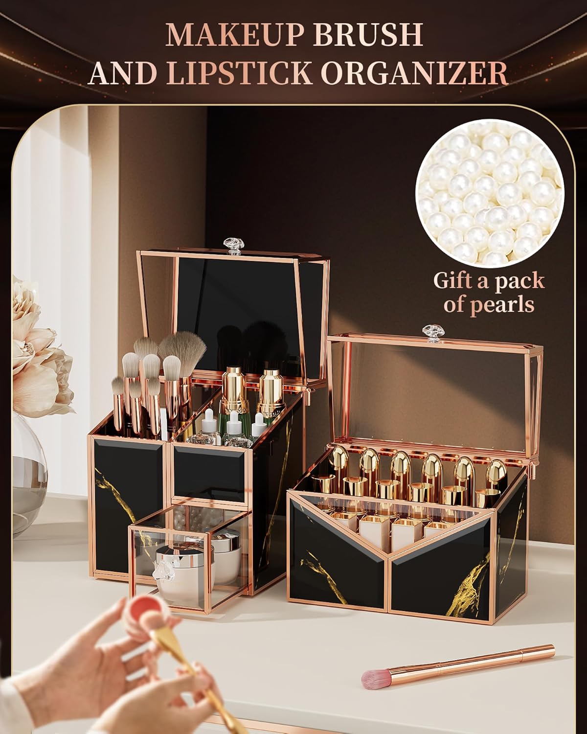 black makeup organizer – Vanity Holder with 18-Slot Lipstick Organizer & Covered Makeup Brush Holder – Skincare, Perfume & Cosmetic Display for Bathroom or Dresser