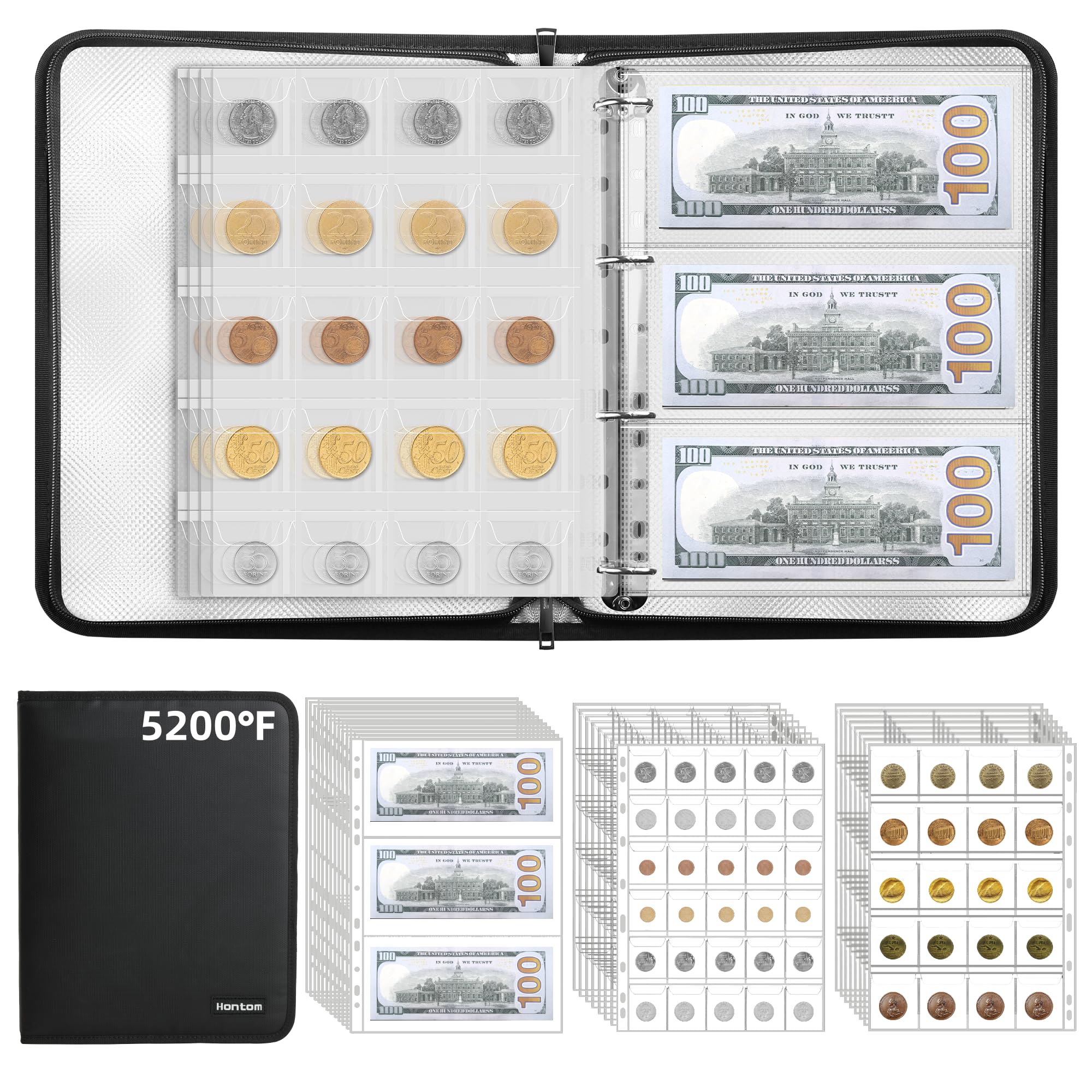 Münzsammelalbum mit 2,870 °C Wärmeisolierung, 400 Taschen, feuerfestes Münzbuch und 36 Papiergeld-Organizer mit Aluminiumfolien-Futter für Münzen, Geldscheine, Geldscheine, Abzeichen