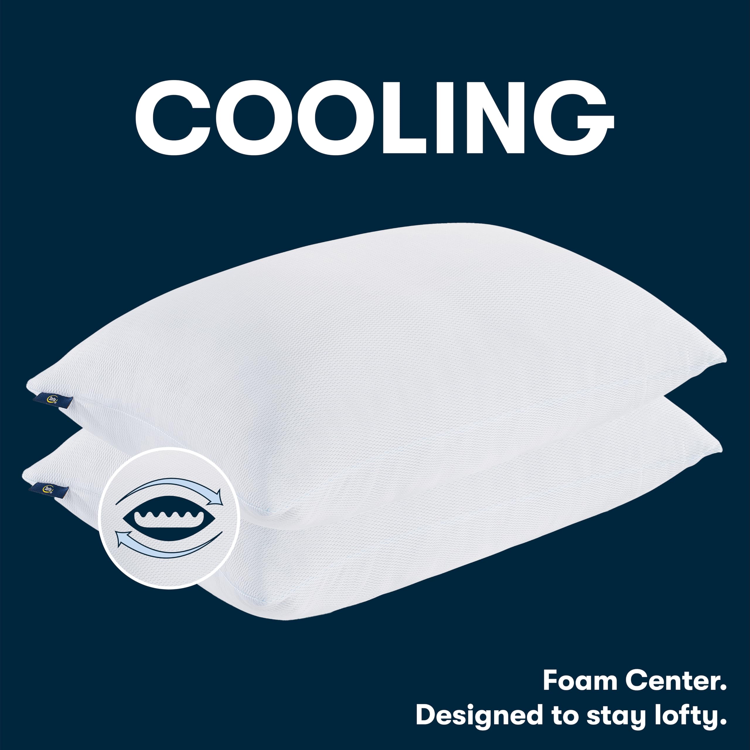 Serta Won't Go Flat Standard/Queen Size Set of 2 Down Alternative Cooling Bed Pillows, Extra Life Foam Core with Medium Support, Perfect for Back, Stomach Or Side Sleepers, Blue 2 Count