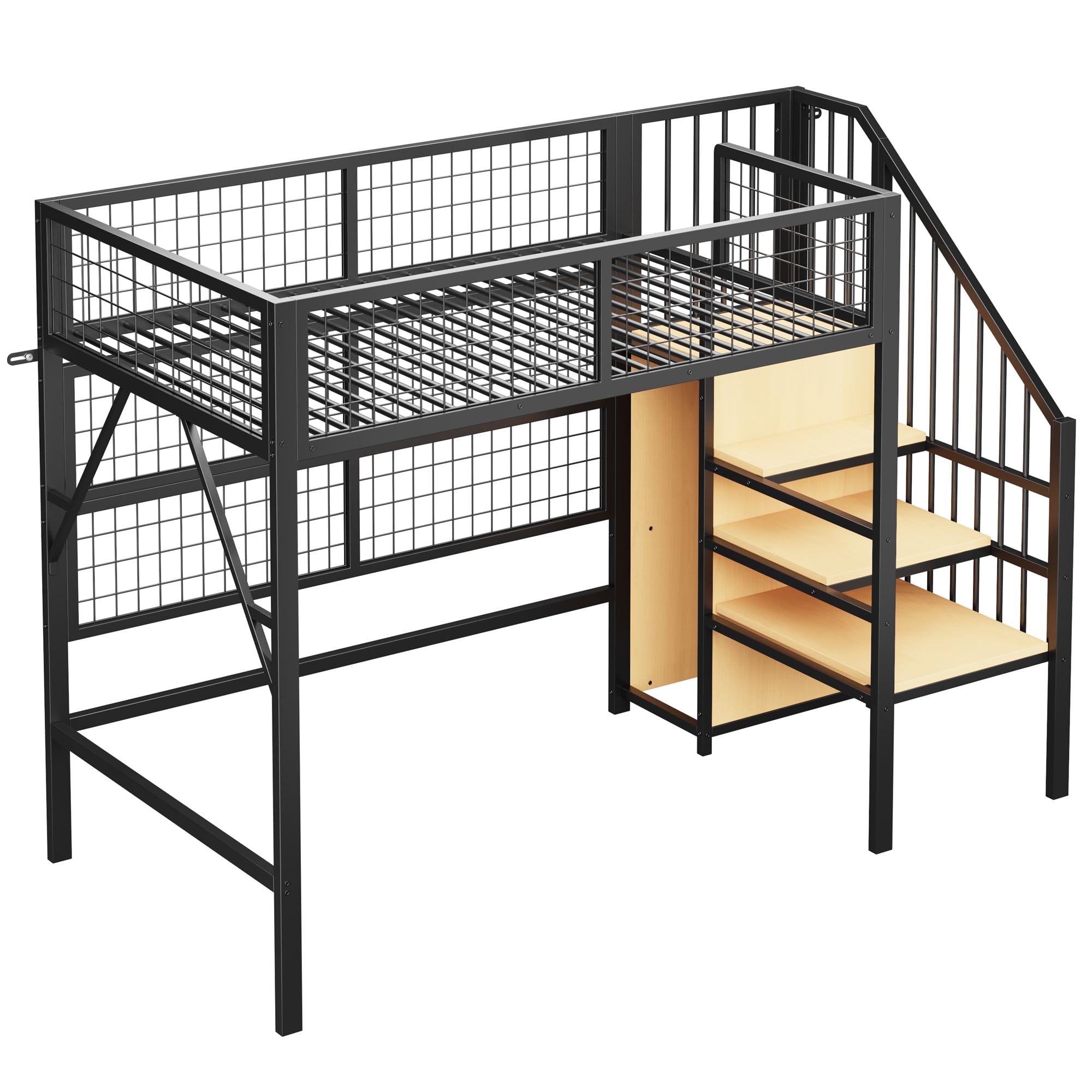 Cama de hierro, litera, 90 x 200 cm, adecuada para niños y jóvenes, con tiras de luz LED controladas por la aplicación, escalera con espacio de almacenamiento, armario abierto, color negro