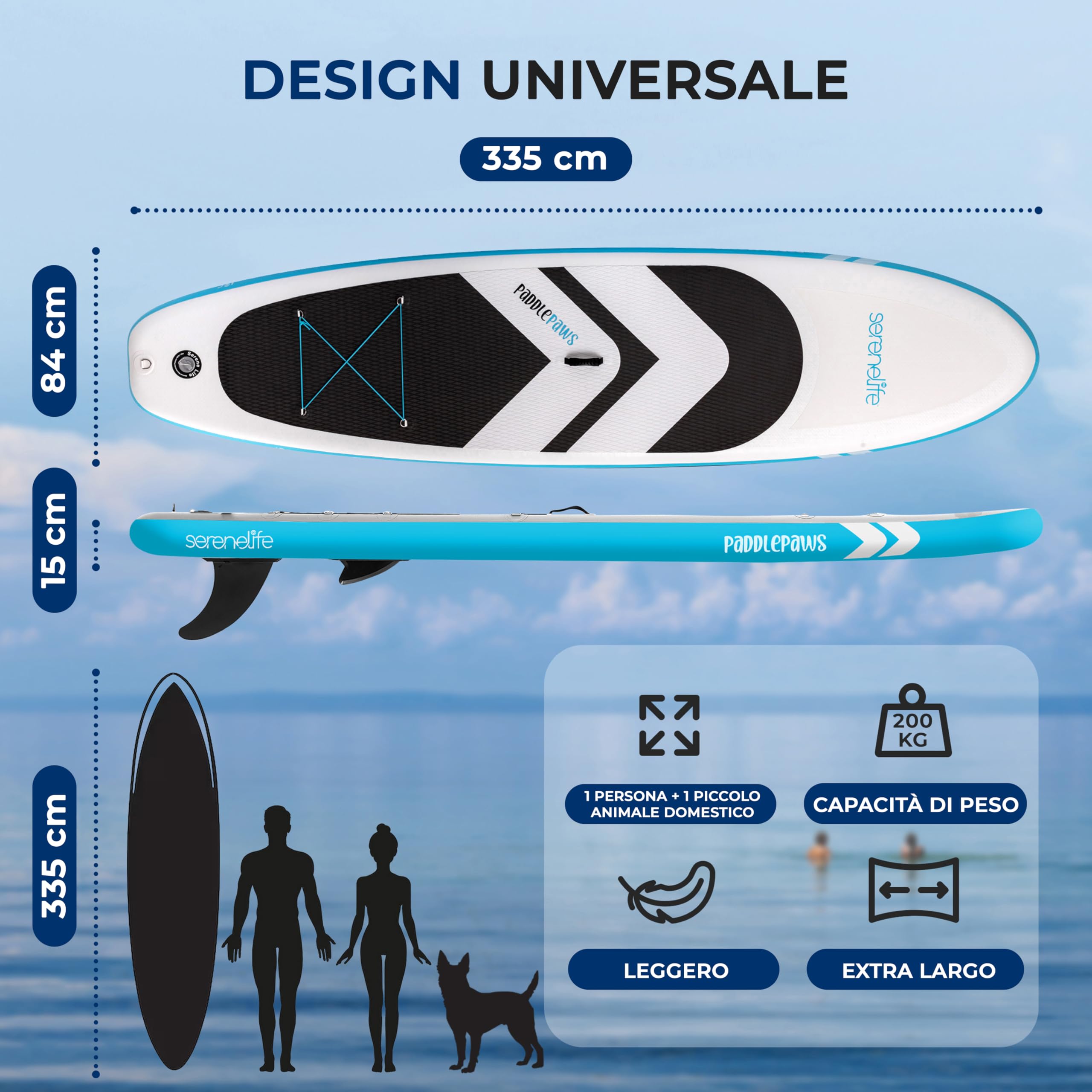 SereneLife SUP Gonfiabile XL, Tavola Sup Extra Larga per Adulti e Animali, Stand Up Paddle Board con Deck EVA Antiscivolo, Design Stabile, Accessori Premium, Capacità 200-220 kg