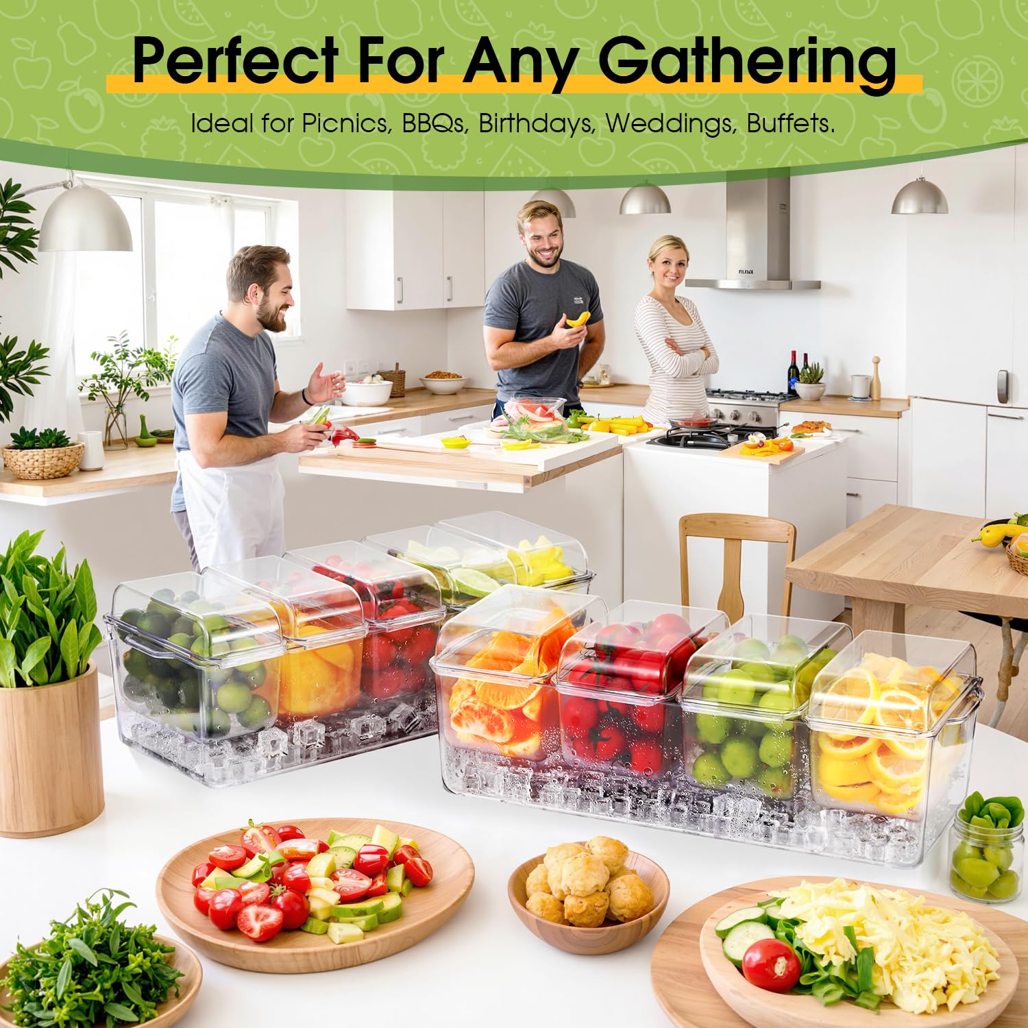 Paquete doble premium de condimentos refrigerados con hielo con 4 y 5 compartimentos, incluye 4 tenedores de acero inoxidable 304, bandeja para servir sin BPA para fiestas, barbacoas,