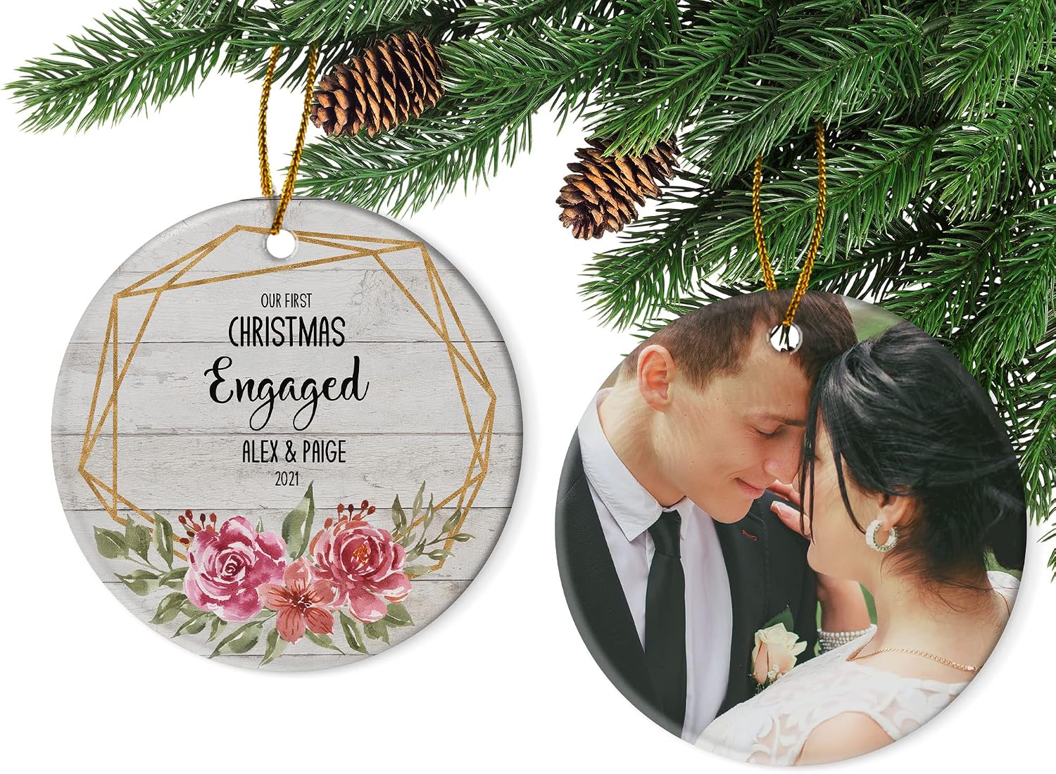 Our First Christmas Engaged 2022, Personalized Name Newly Married Ceramic Ornament, Custom Photo Ornament, Gift for Lover, Couple, Customized Gift for Family, Xmas Tree Ornaments Hanging