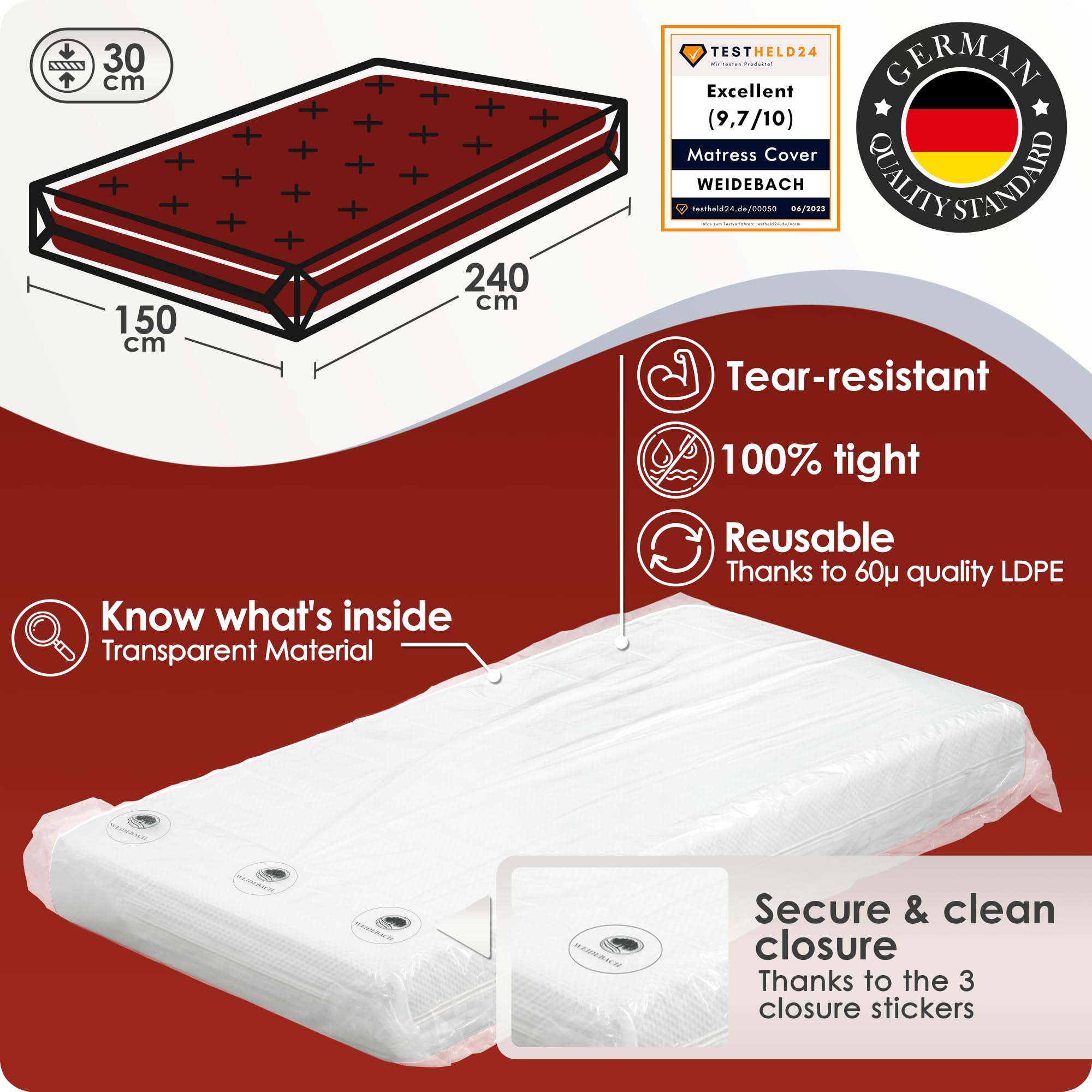 WEIDEBACH® Robust mattress cover, mattress bag for 140 x 200 cm Queen mattresses - Image 4