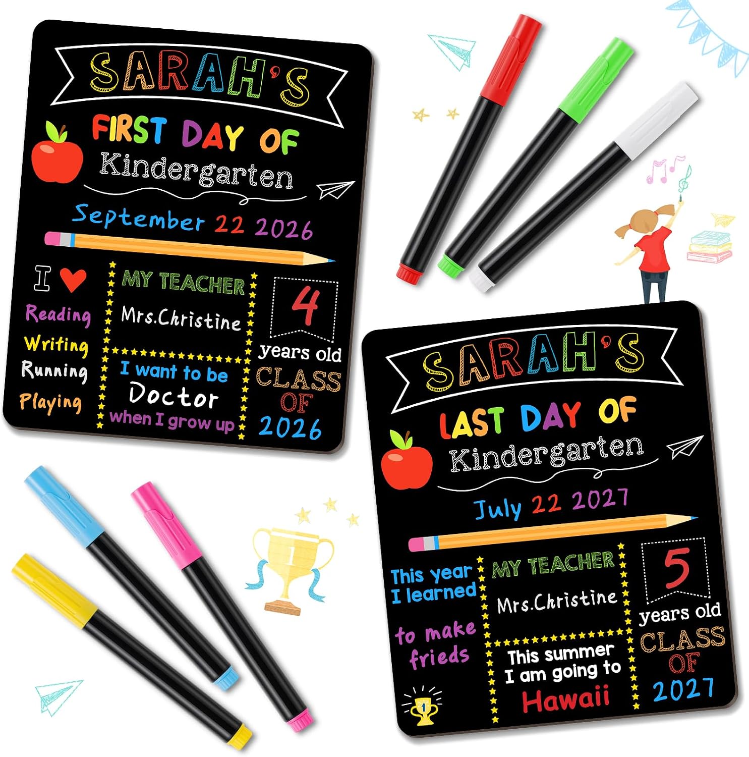 First & Last Day of School Signs with 6 Writing Pens, 10 x 12 Inch Double Sided Back to School Board, Reusable Wooden 1st Day of Preschool/Kindergarten Photo Props thumbnail