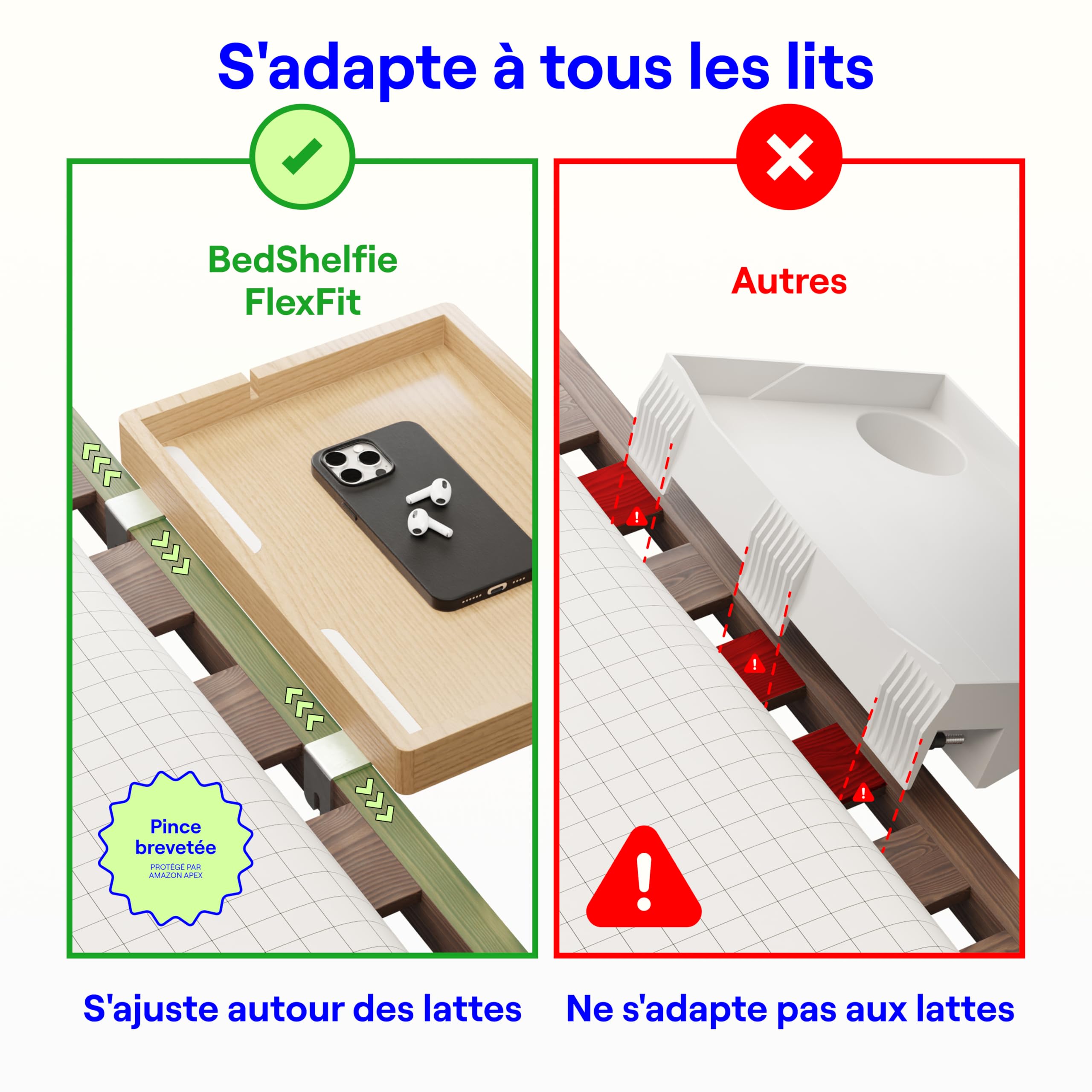 BedShelfie Étagère de Chevet pour Lit, Table de Nuit Suspendue, Accessoires Essentiels pour Dortoir Universitaire, Table de Chevet à Suspendre de Loft, Plateau de Lit (Modèle Flexfit, Naturel)