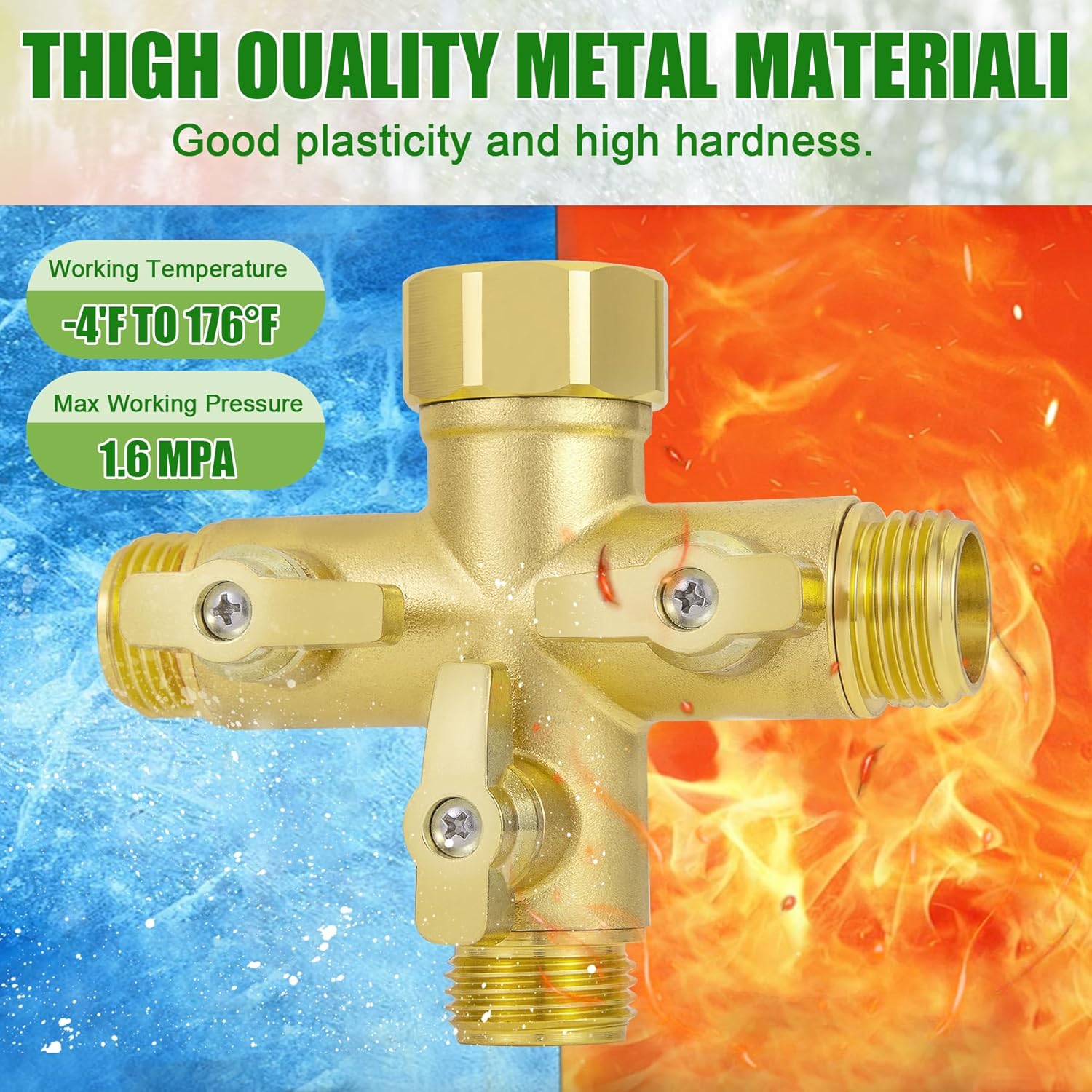 Heavy Duty Metal 3 Way + Type Garden Hose Splitter,3/4" 1.6MPa High Flow Spigot Faucet Connectors,with Shut-Off Valves, Comfort Grip,with washers&tape