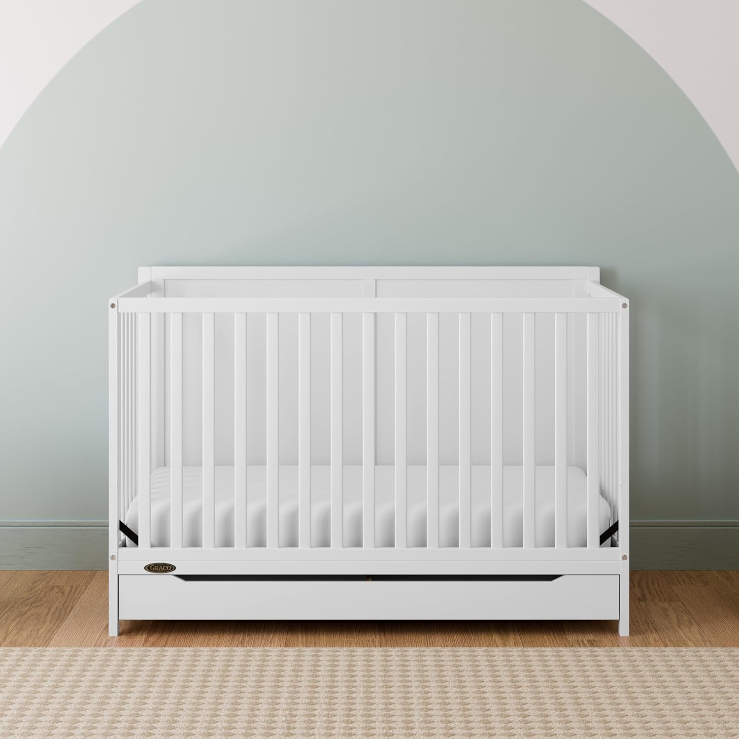 Graco Melrose 5-in-1 Convertible Crib with Drawer – GREENGUARD Gold Certified, Fits Standard Crib Mattress, Converts to Toddler Bed, Daybed and Full Bed, 4 Adjustable Mattress Heights (White)