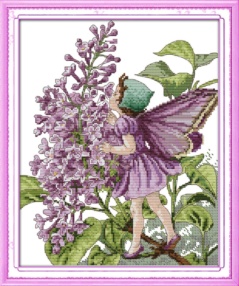 Stamped Cross Stitch Kits for Beginners Adults with Pattern Funny UK Purple Fairy Flower 11ct DIY Embroidery Crafts for Needle Point Starter Kit Home Decor Holiday Gift（16×20inch)